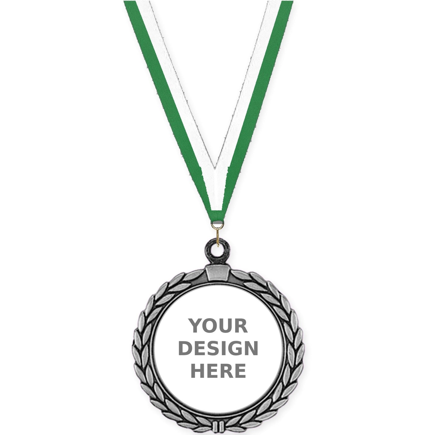 2 1/2 inch Laurel Wreath insert medal in antique silver with Green White neck ribbon