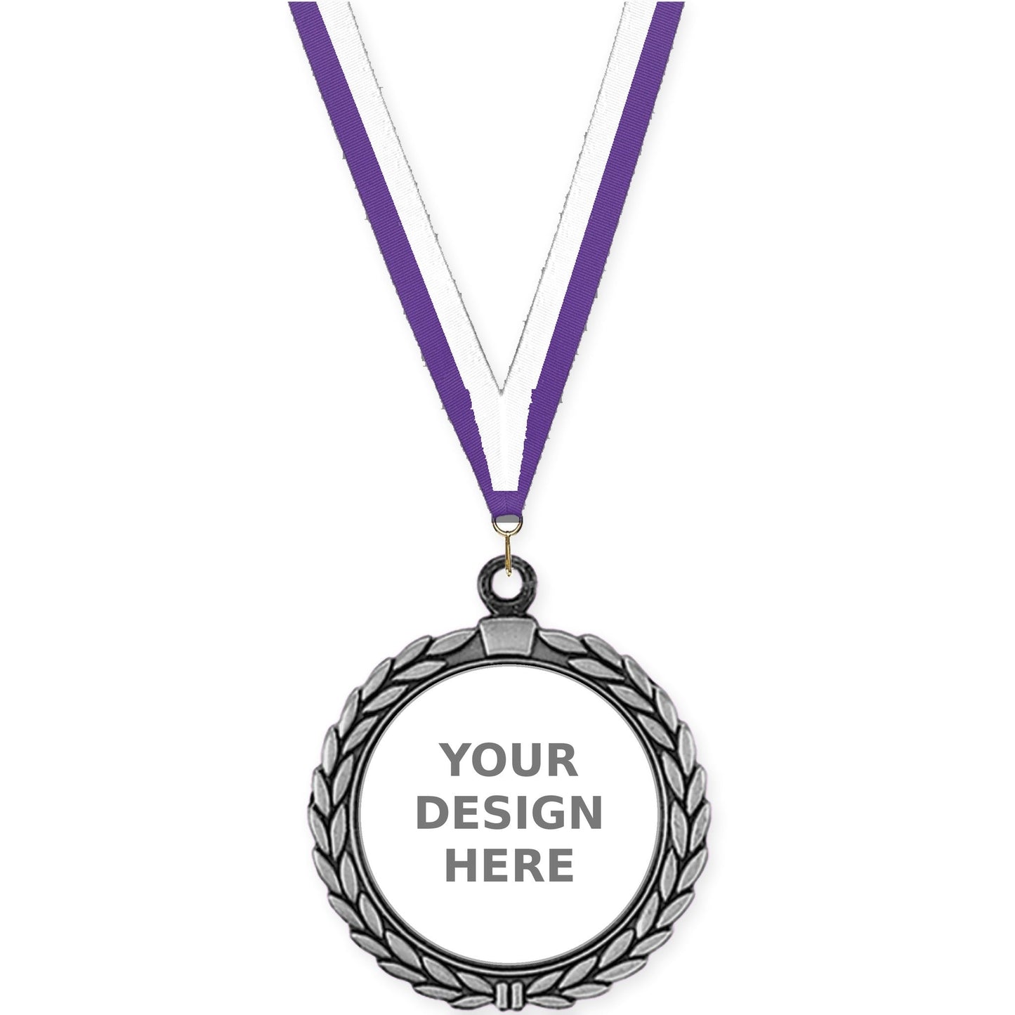 2 1/2 inch Laurel Wreath insert medal in antique silver with Purple White neck ribbon