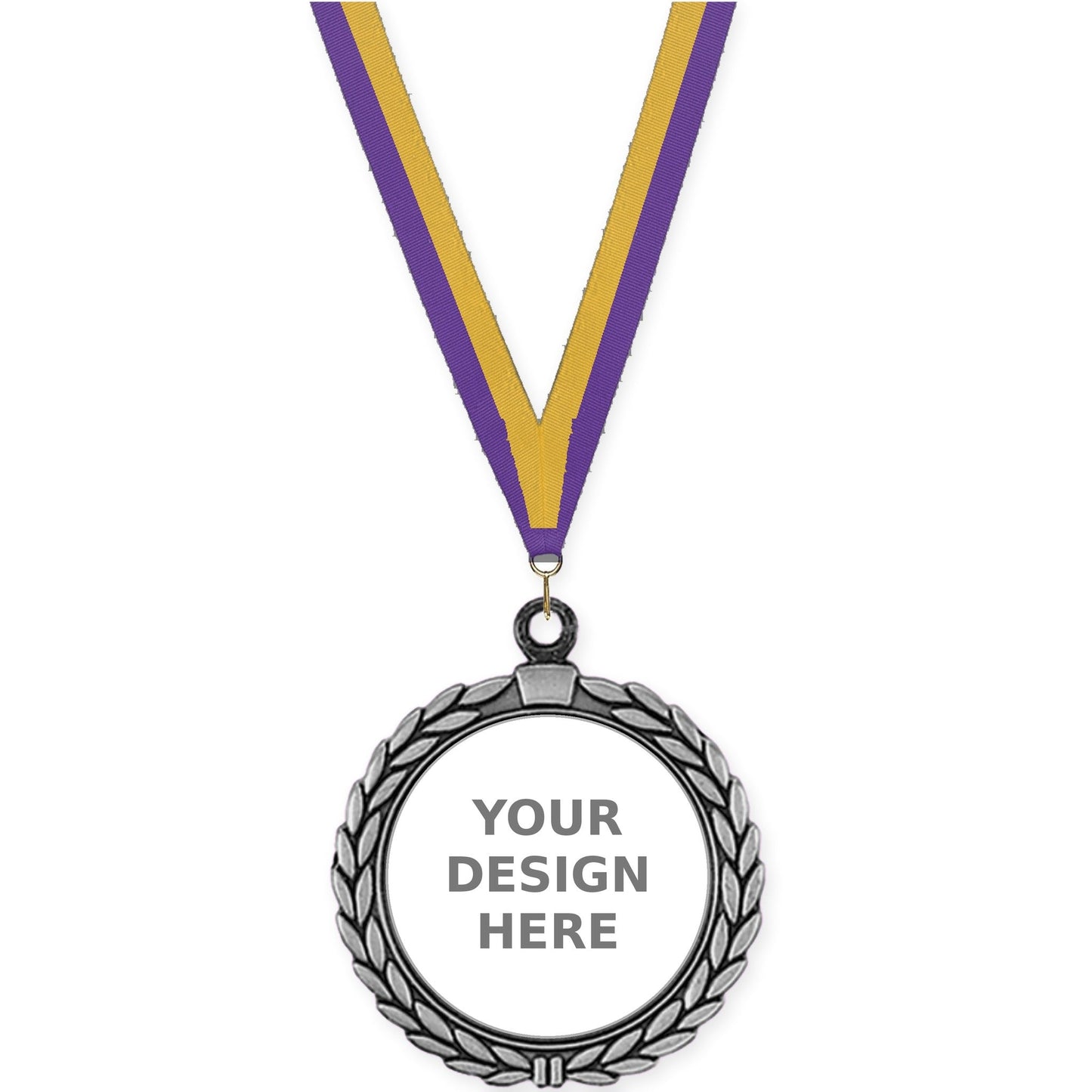 2 1/2 inch Laurel Wreath insert medal in antique silver with Purple Gold neck ribbon
