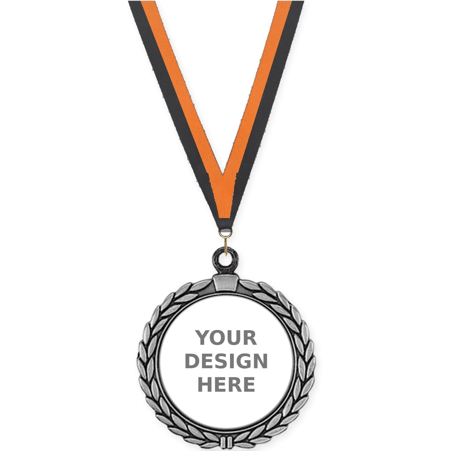 2 1/2 inch Laurel Wreath insert medal in antique silver with Black Orange neck ribbon