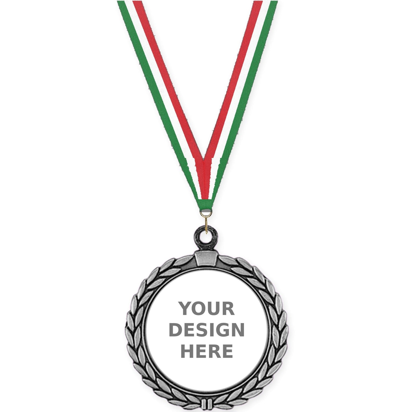 2 1/2 inch Laurel Wreath insert medal in antique silver with Green White Red neck ribbon
