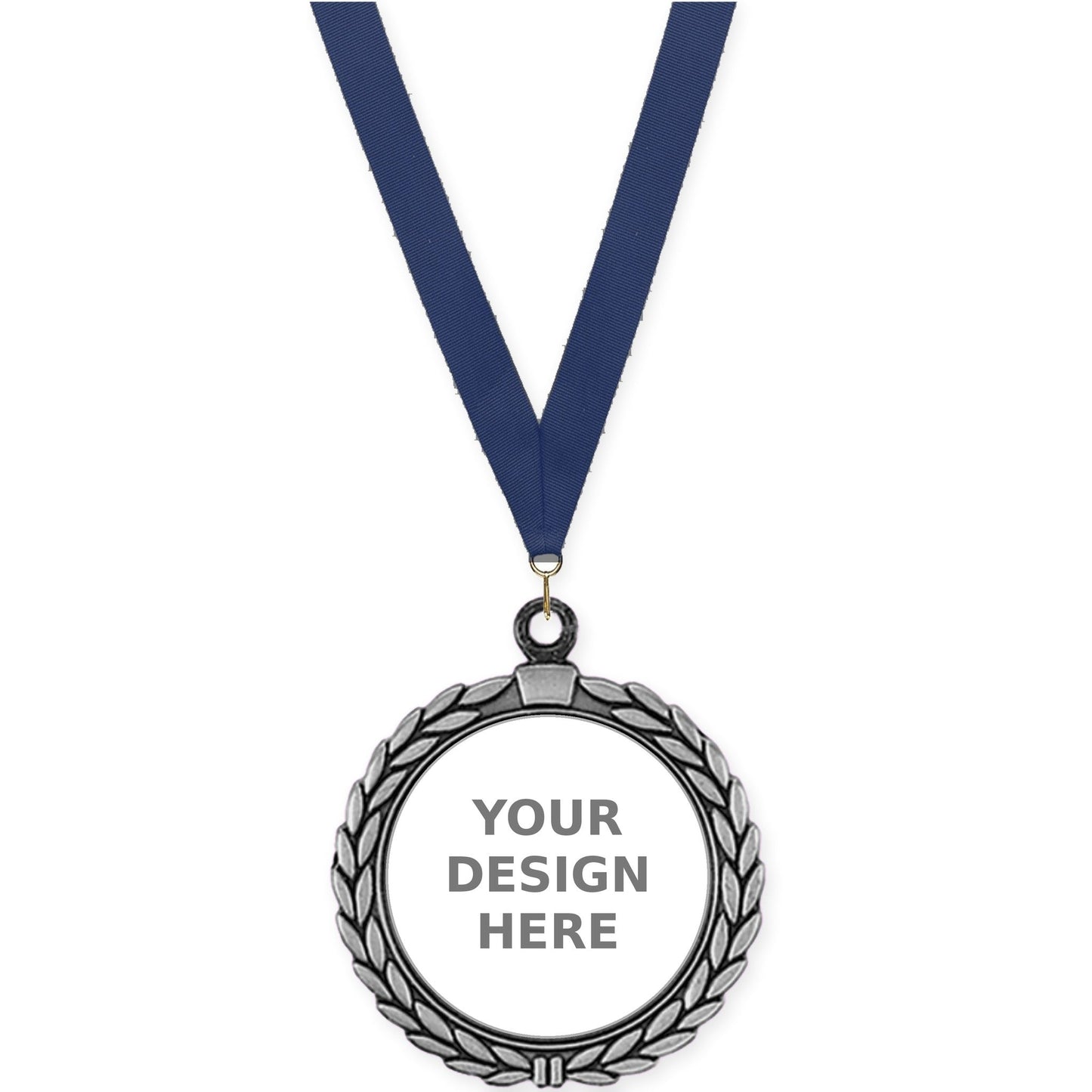 2 1/2 inch Laurel Wreath insert medal in antique silver with Navy neck ribbon