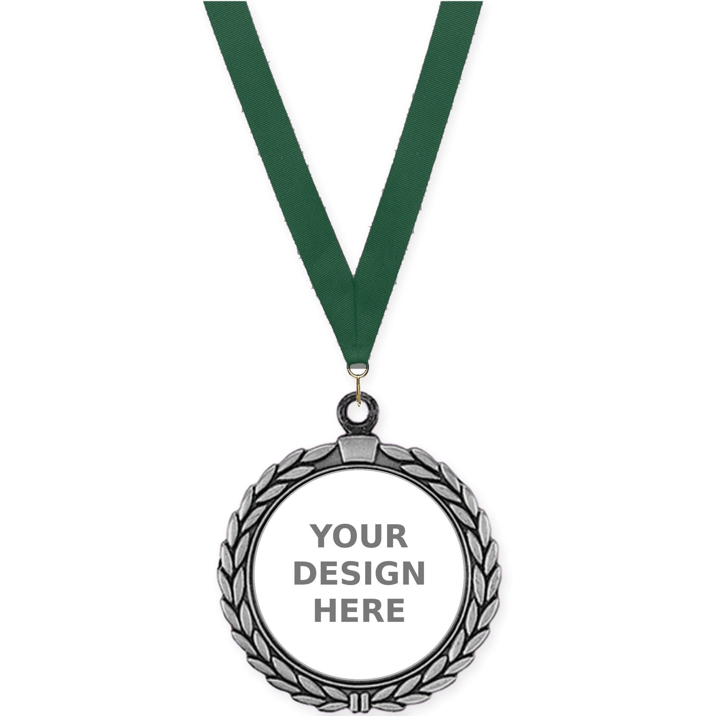 2 1/2 inch Laurel Wreath insert medal in antique silver with Hunter Green neck ribbon