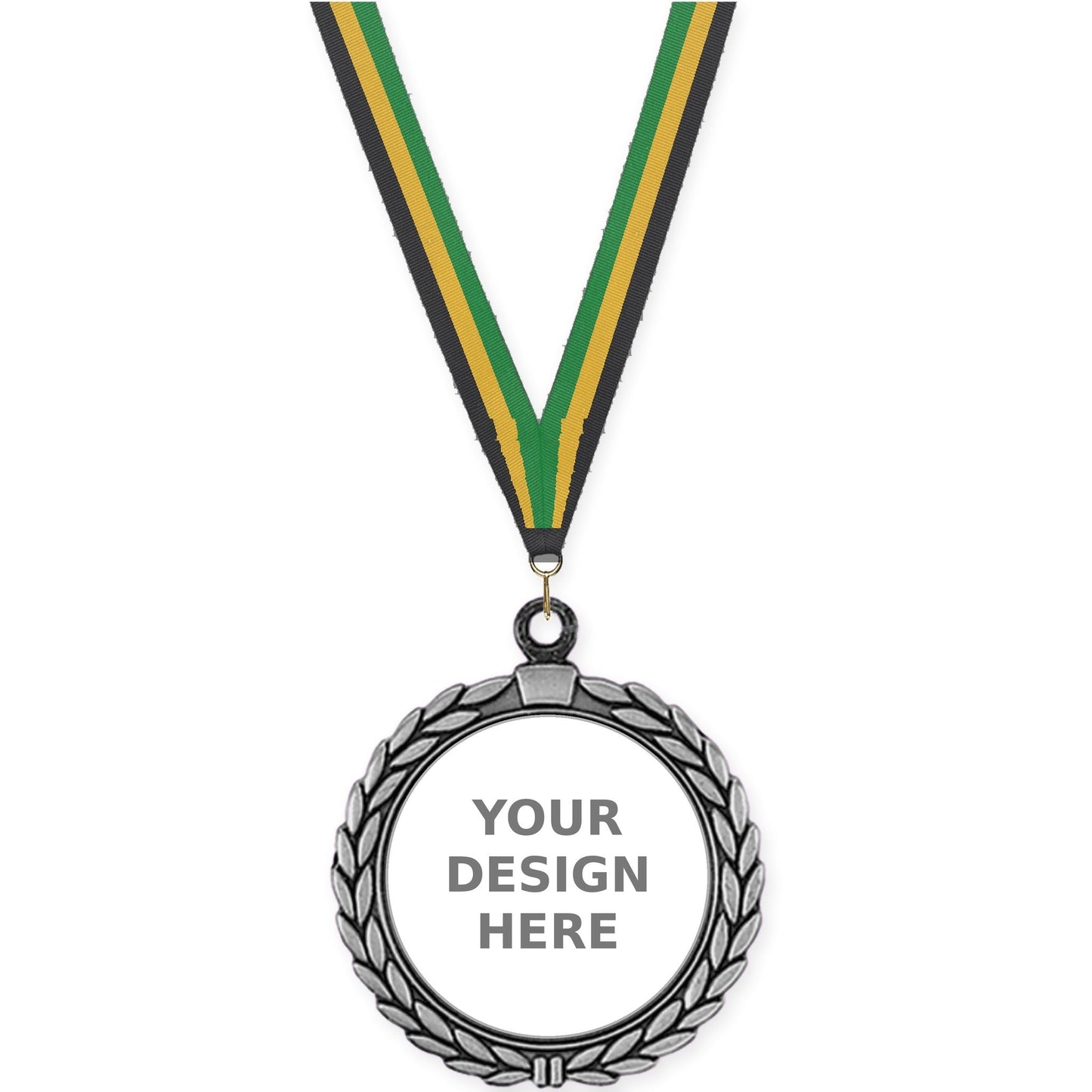 2 1/2 inch Laurel Wreath insert medal in antique silver with Black Gold Green neck ribbon