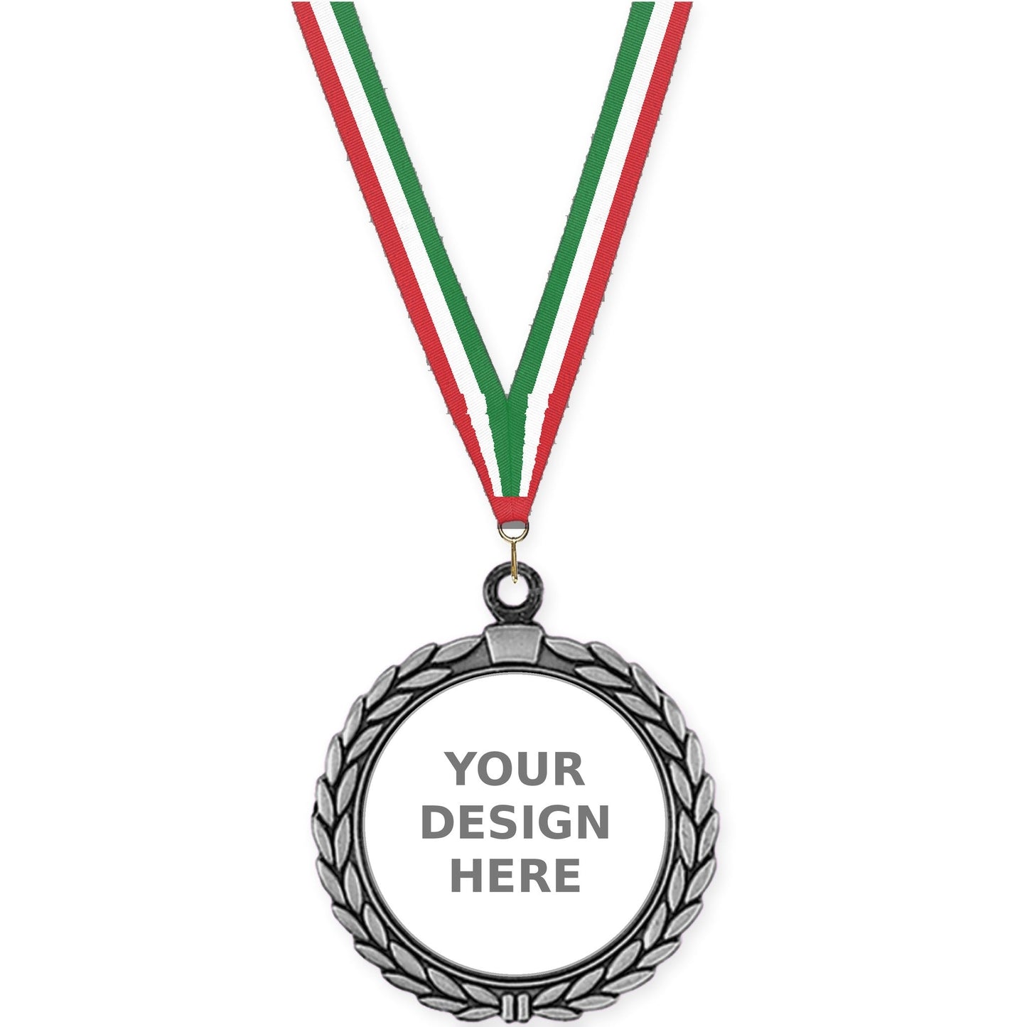 2 1/2 inch Laurel Wreath insert medal in antique silver with Red White Green neck ribbon