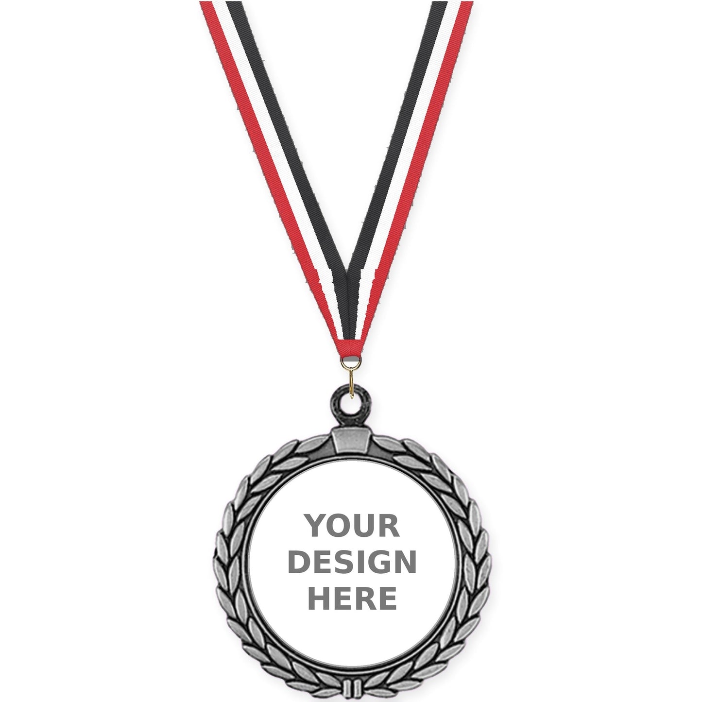 2 1/2 inch Laurel Wreath insert medal in antique silver with Red White Black neck ribbon