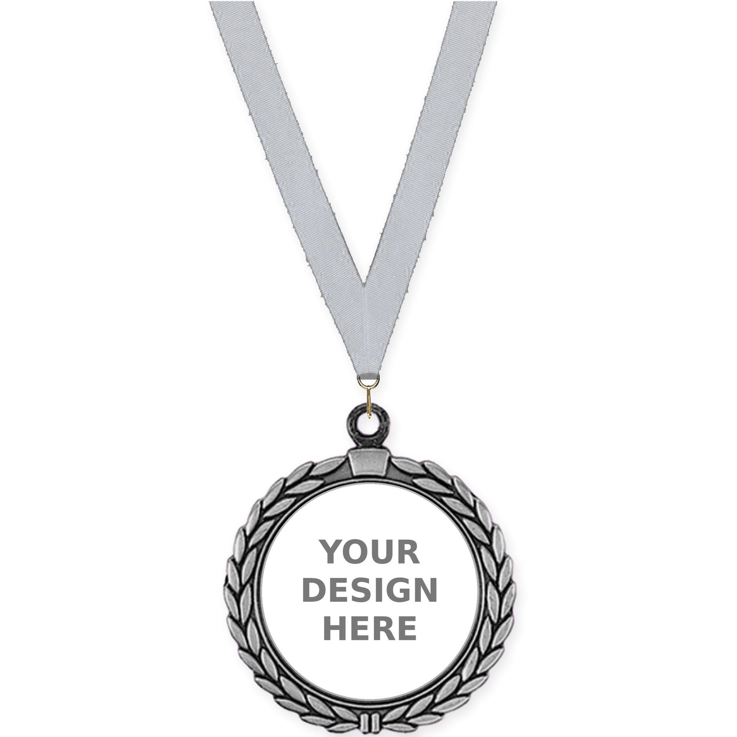 2 1/2 inch Laurel Wreath insert medal in antique silver with Silver Metallic neck ribbon
