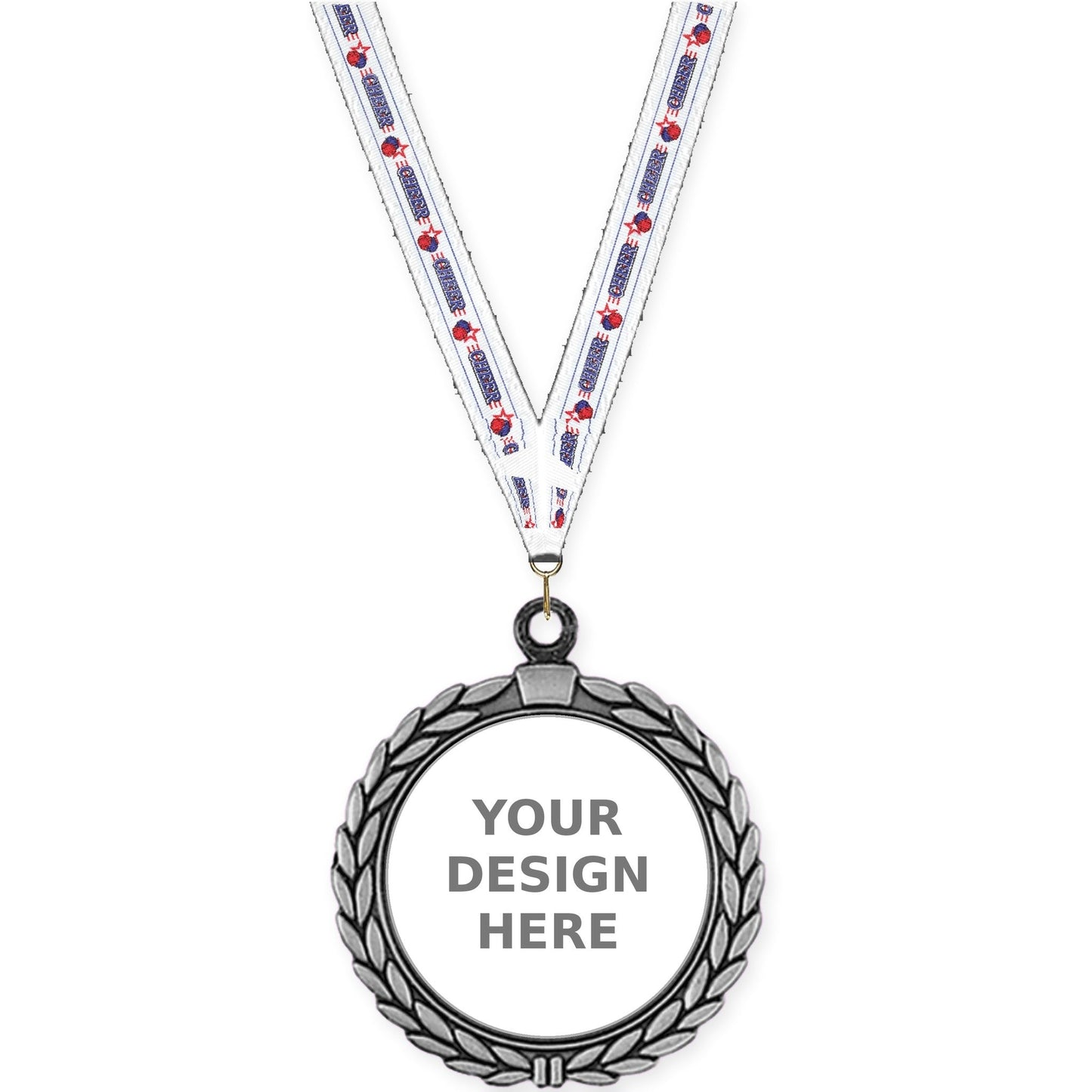 2 1/2 inch Laurel Wreath insert medal in antique silver with Cheerleading neck ribbon