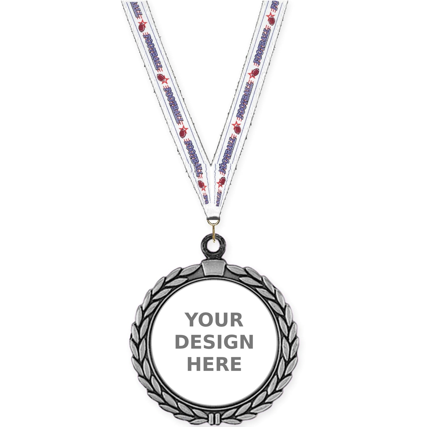 2 1/2 inch Laurel Wreath insert medal in antique silver with Football neck ribbon