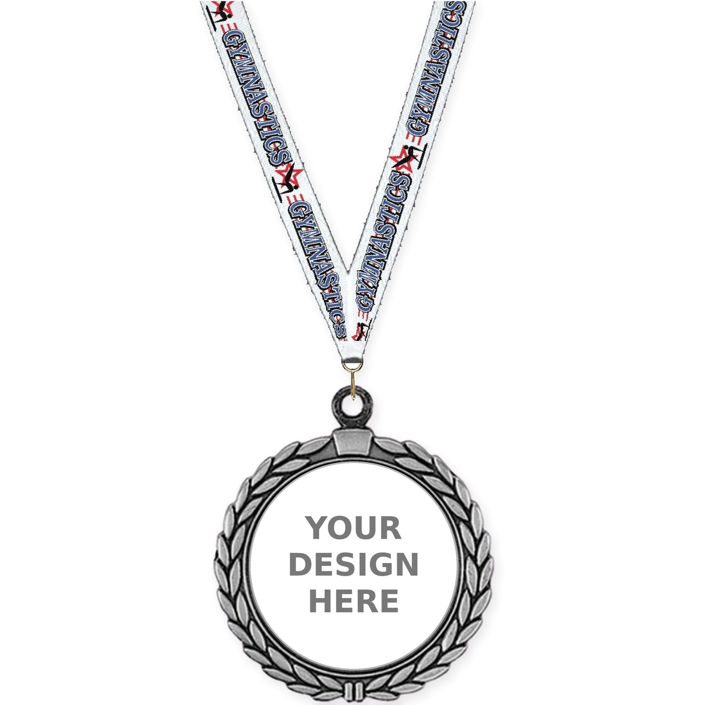 2 1/2 inch Laurel Wreath insert medal in antique silver with Gymnastics neck ribbon