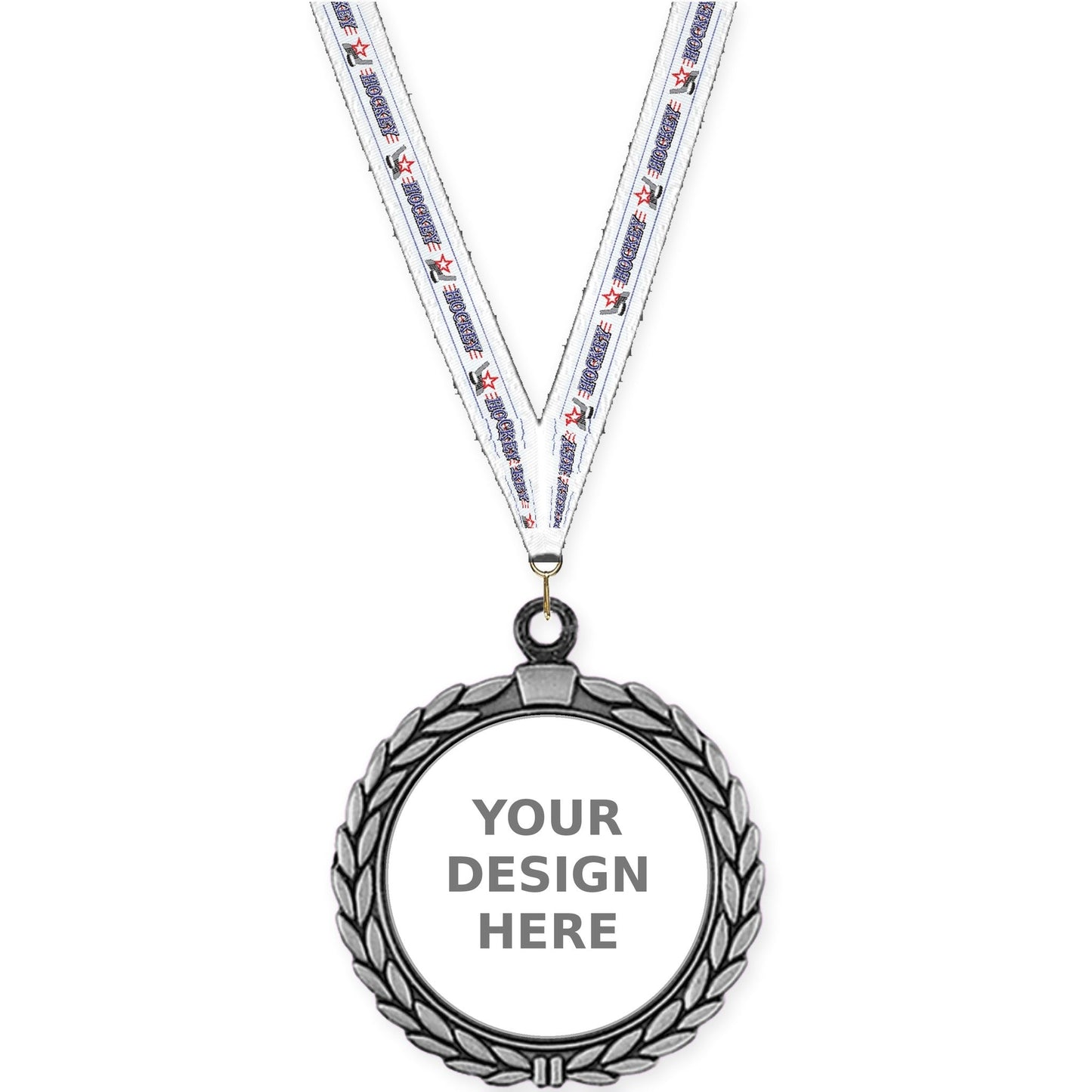 2 1/2 inch Laurel Wreath insert medal in antique silver with Hockey neck ribbon