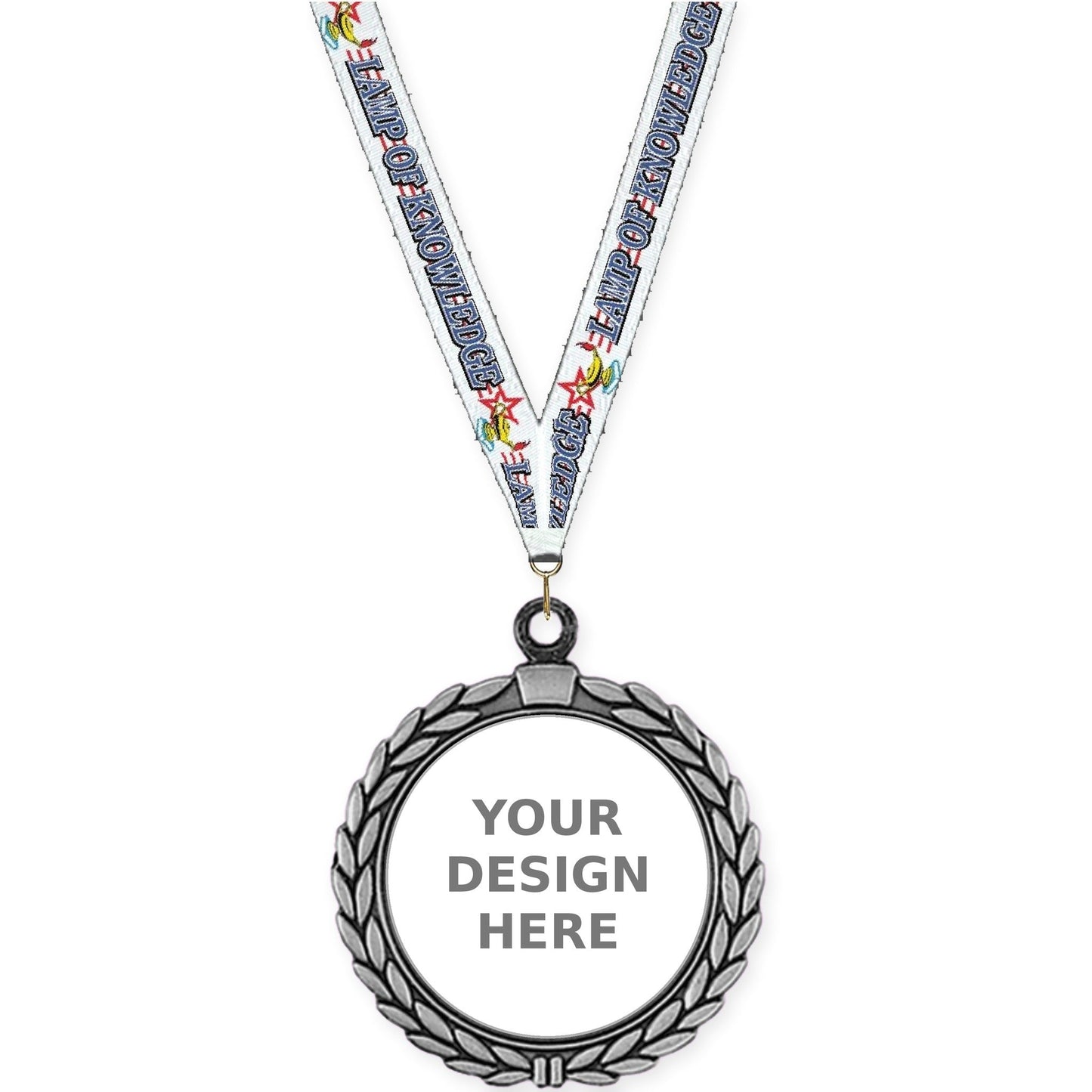 2 1/2 inch Laurel Wreath insert medal in antique silver with Lamp Of Knowledge neck ribbon