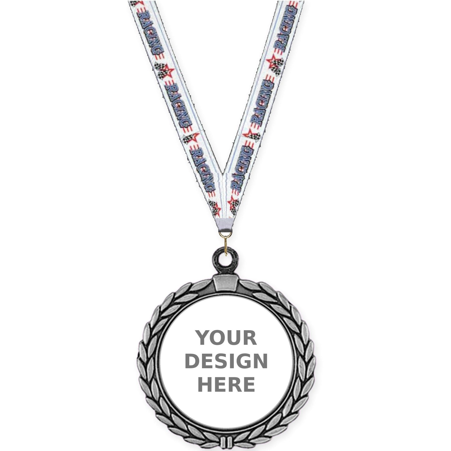 2 1/2 inch Laurel Wreath insert medal in antique silver with Auto Racing neck ribbon