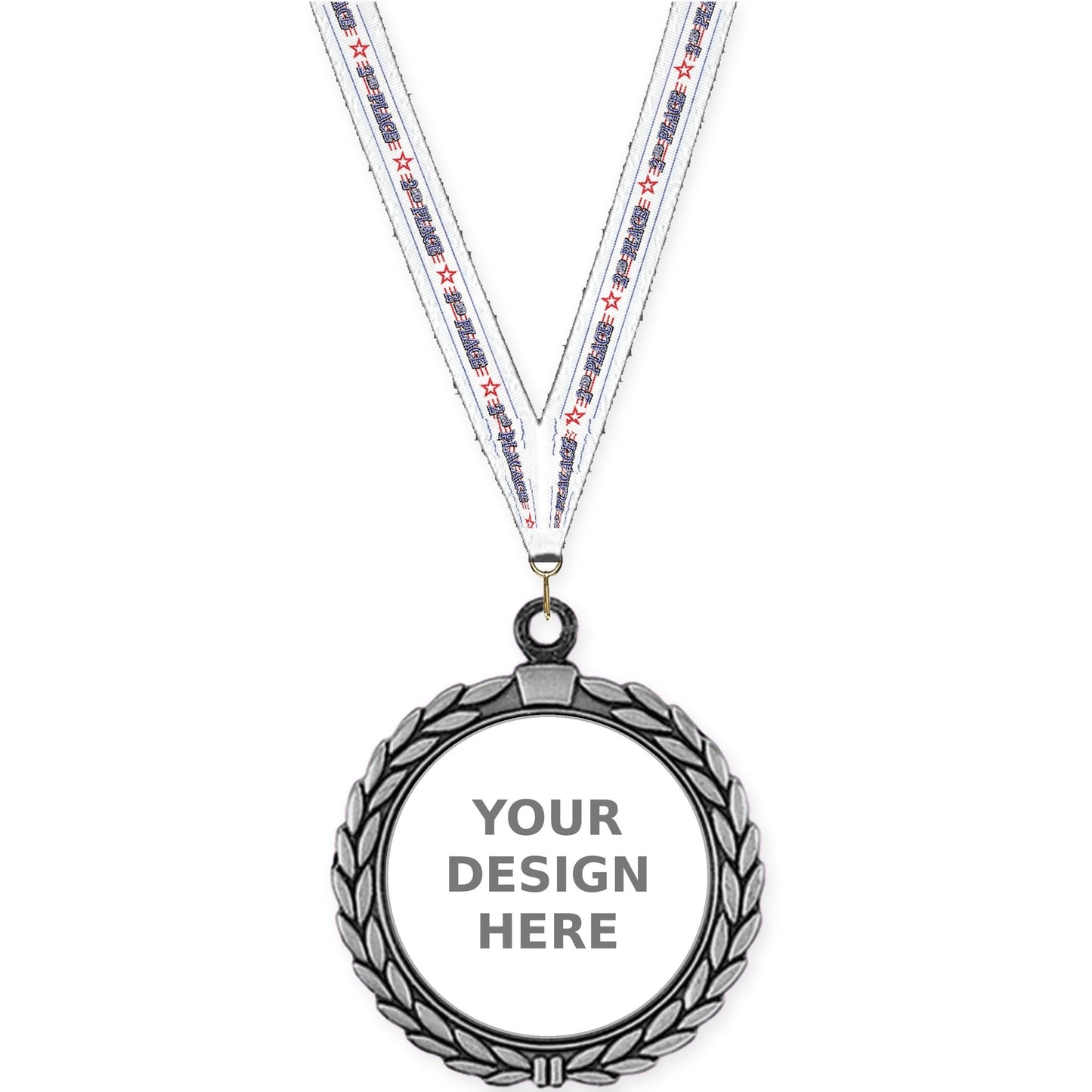 2 1/2 inch Laurel Wreath insert medal in antique silver with 2nd Place neck ribbon