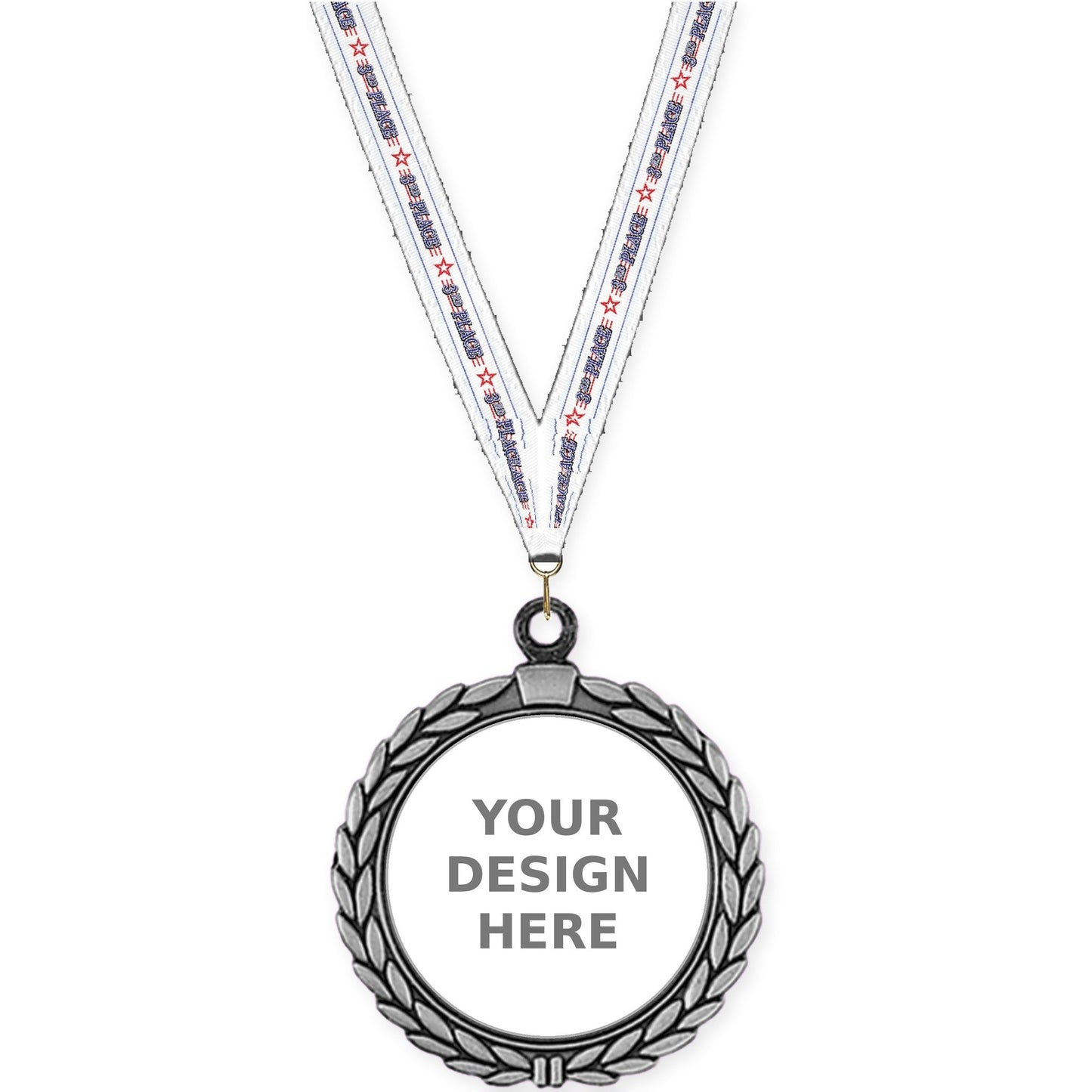 2 1/2 inch Laurel Wreath insert medal in antique silver with 3rd Place neck ribbon