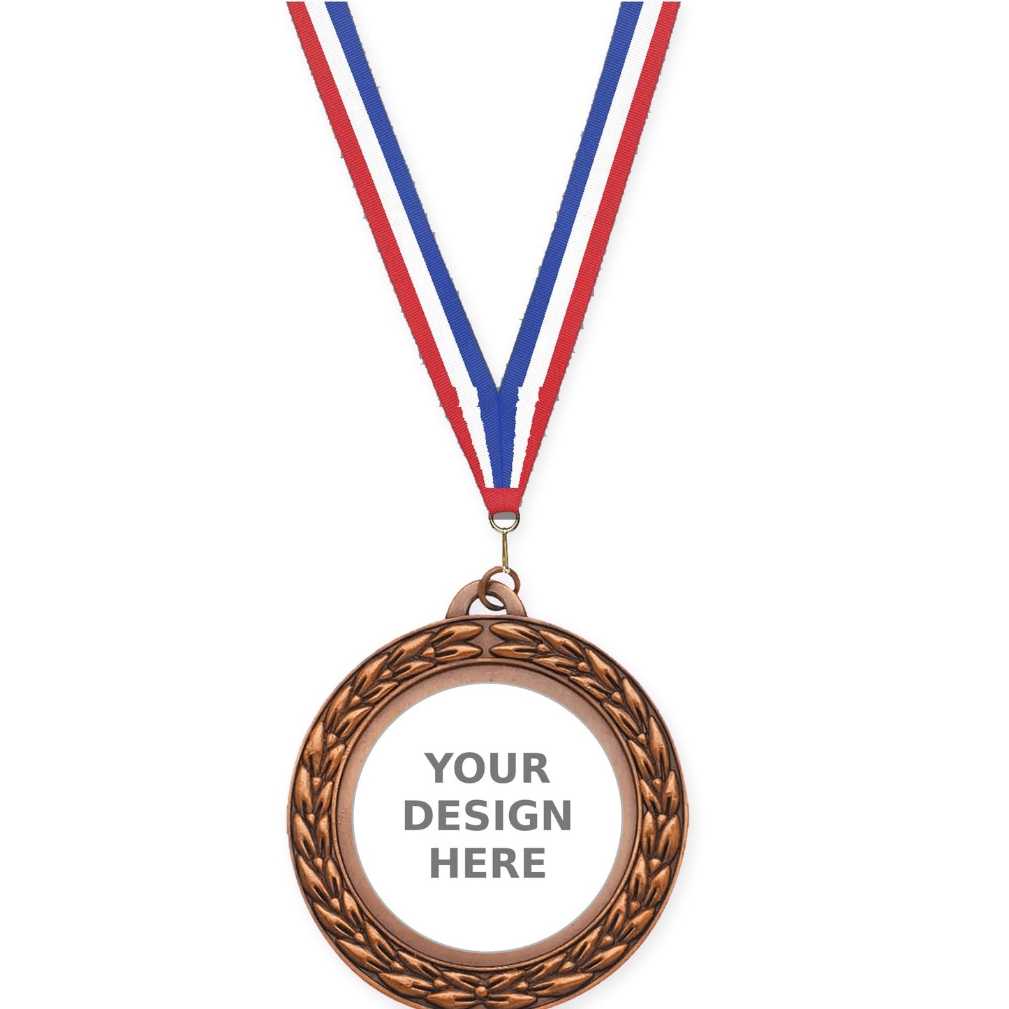 2 3/4 inch Victory Wreath insert medal in antique bronze with Red White Blue neck ribbon