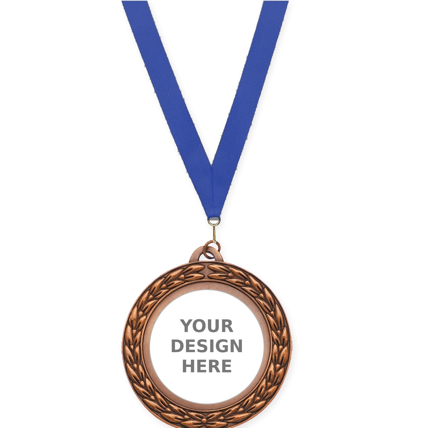 2 3/4 inch Victory Wreath insert medal in antique bronze with Blue neck ribbon
