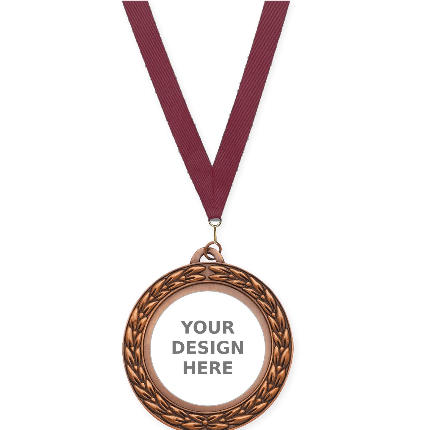 2 3/4 inch Victory Wreath insert medal in antique bronze with Maroon neck ribbon