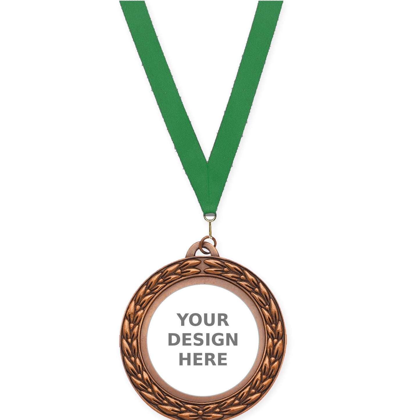 2 3/4 inch Victory Wreath insert medal in antique bronze with Green neck ribbon