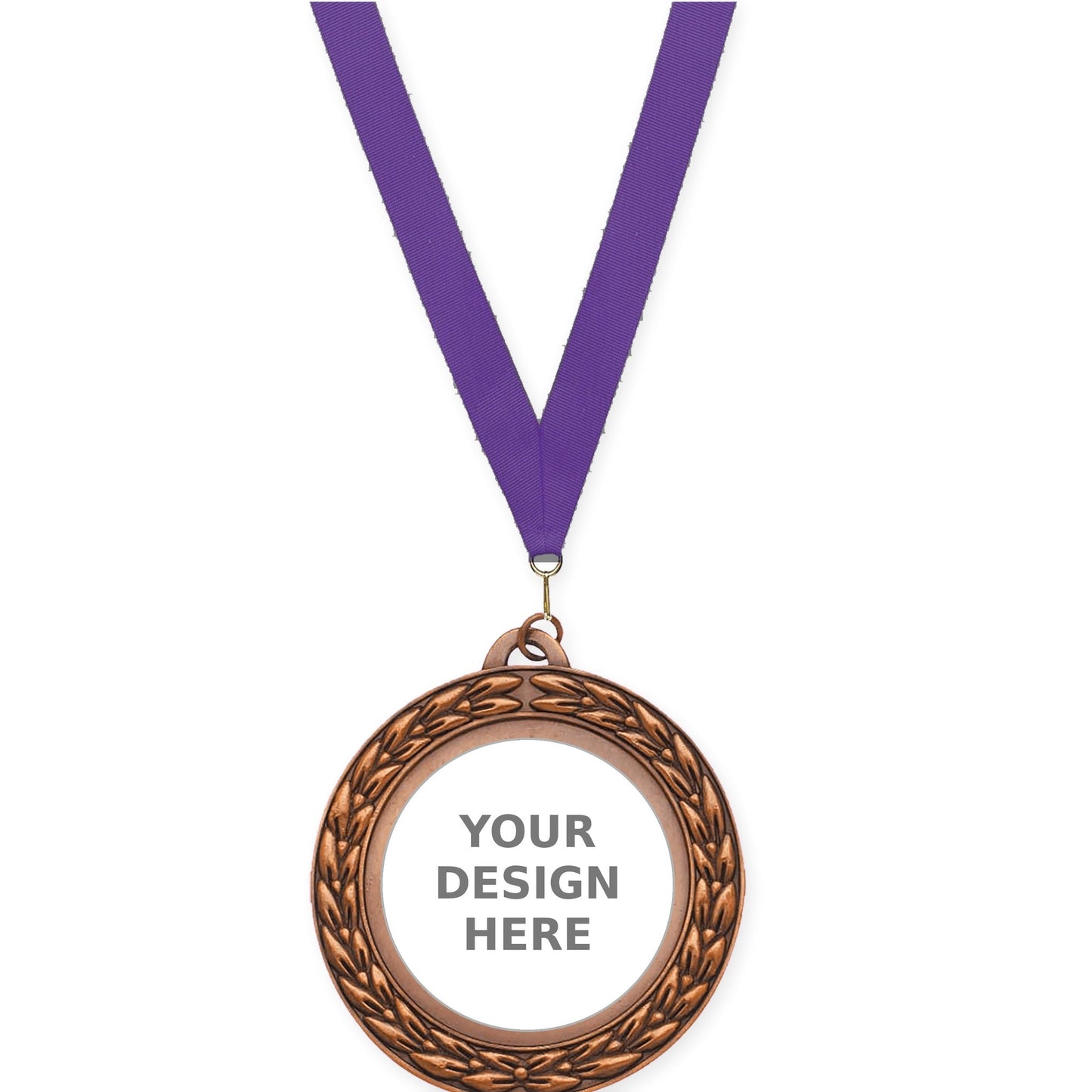2 3/4 inch Victory Wreath insert medal in antique bronze with Purple neck ribbon
