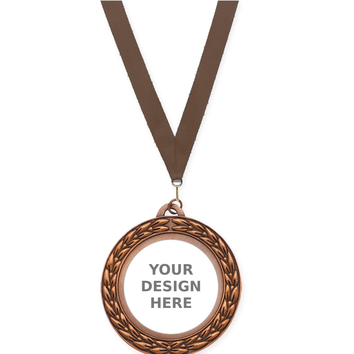 2 3/4 inch Victory Wreath insert medal in antique bronze with Brown neck ribbon
