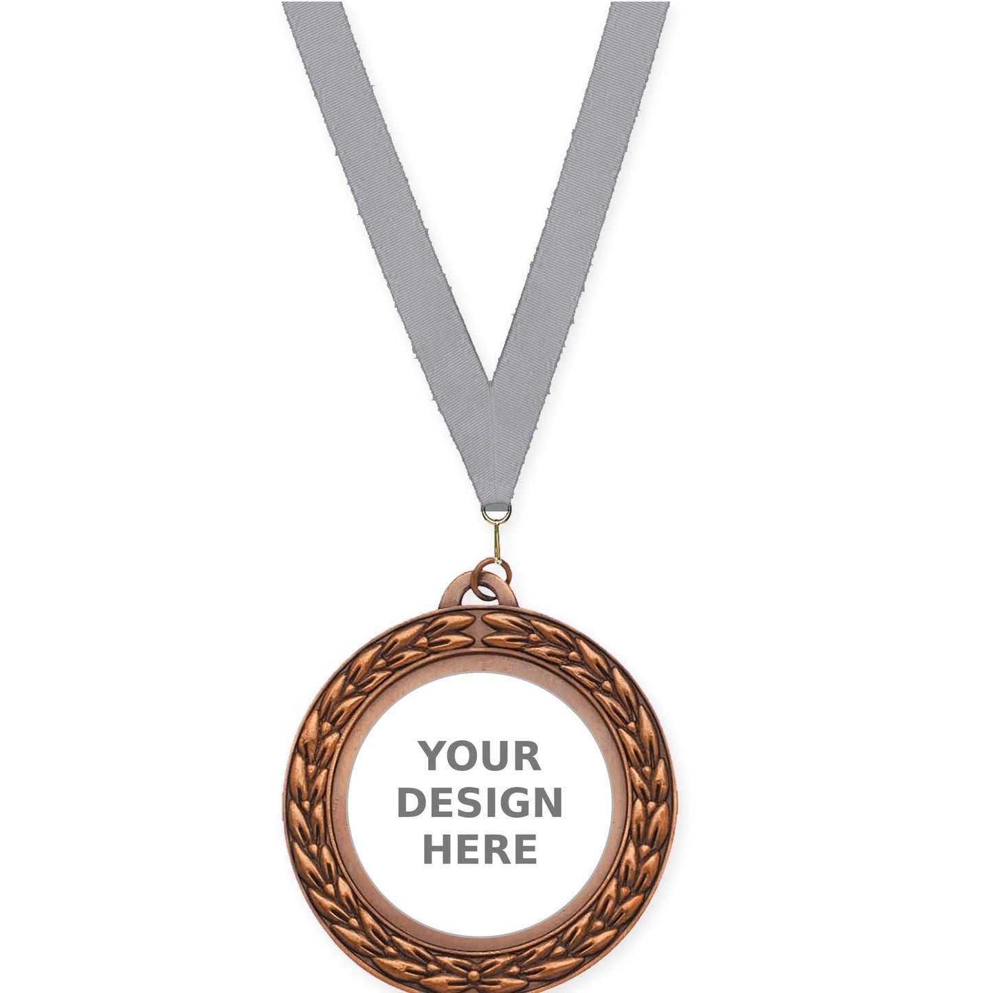 2 3/4 inch Victory Wreath insert medal in antique bronze with Gray neck ribbon