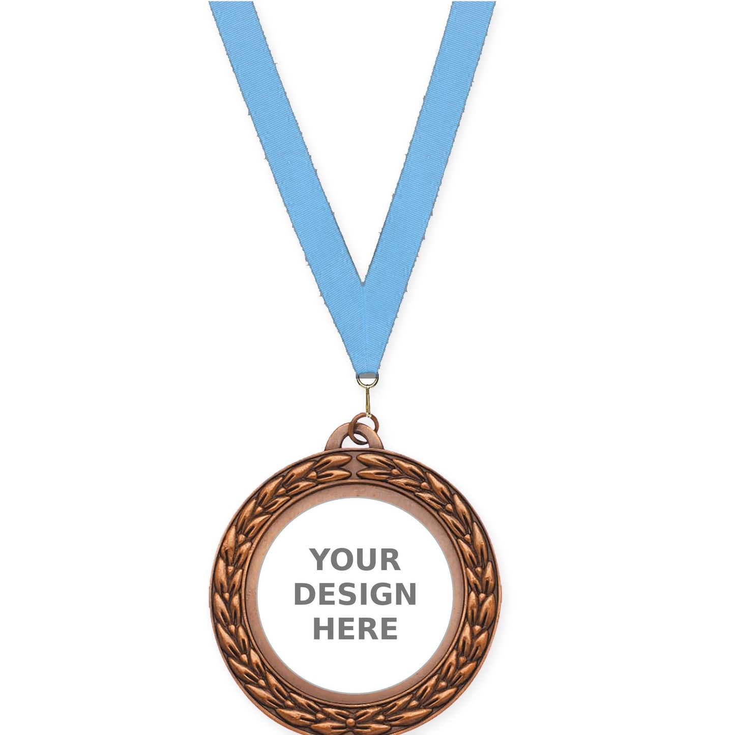 2 3/4 inch Victory Wreath insert medal in antique bronze with Light Blue neck ribbon