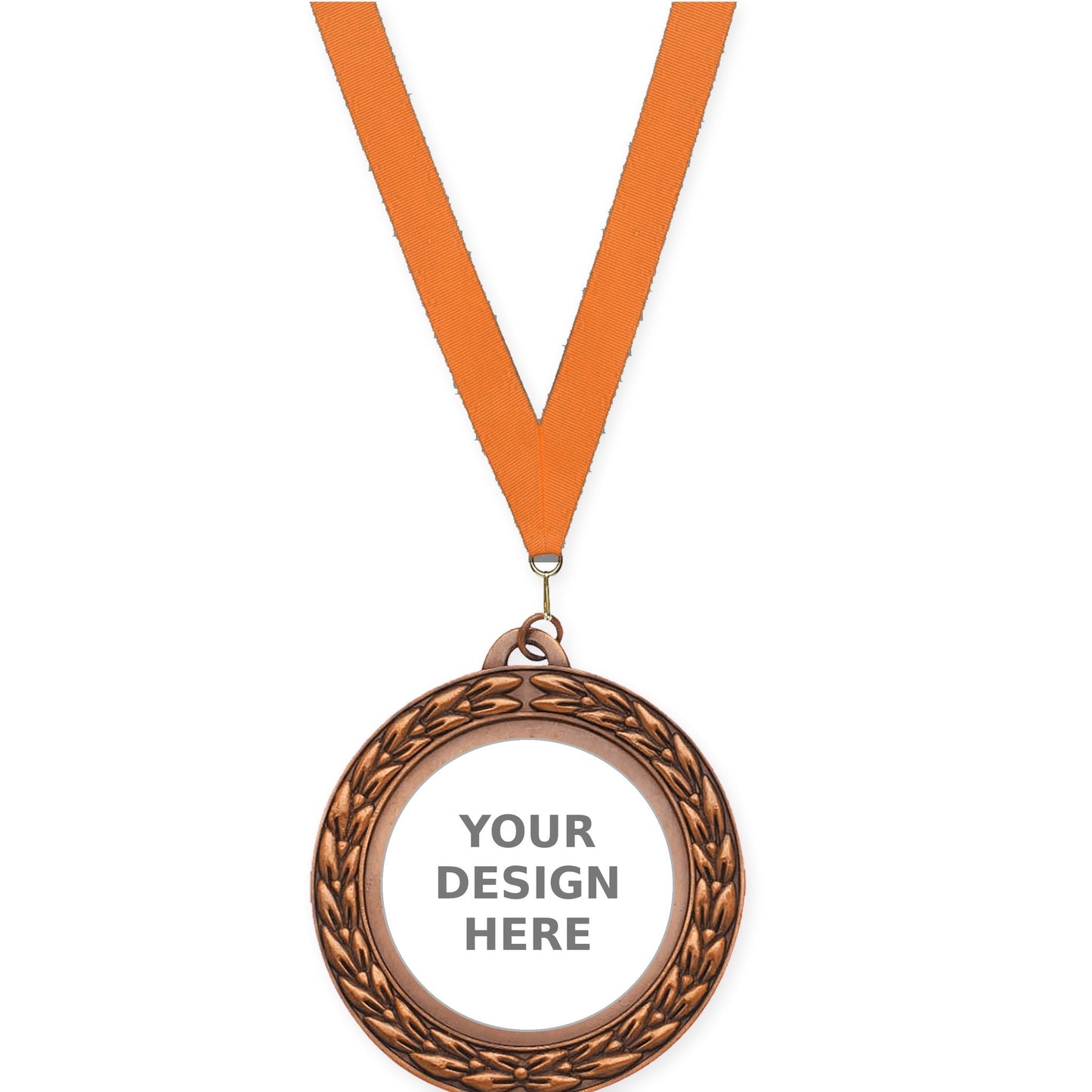 2 3/4 inch Victory Wreath insert medal in antique bronze with Orange neck ribbon