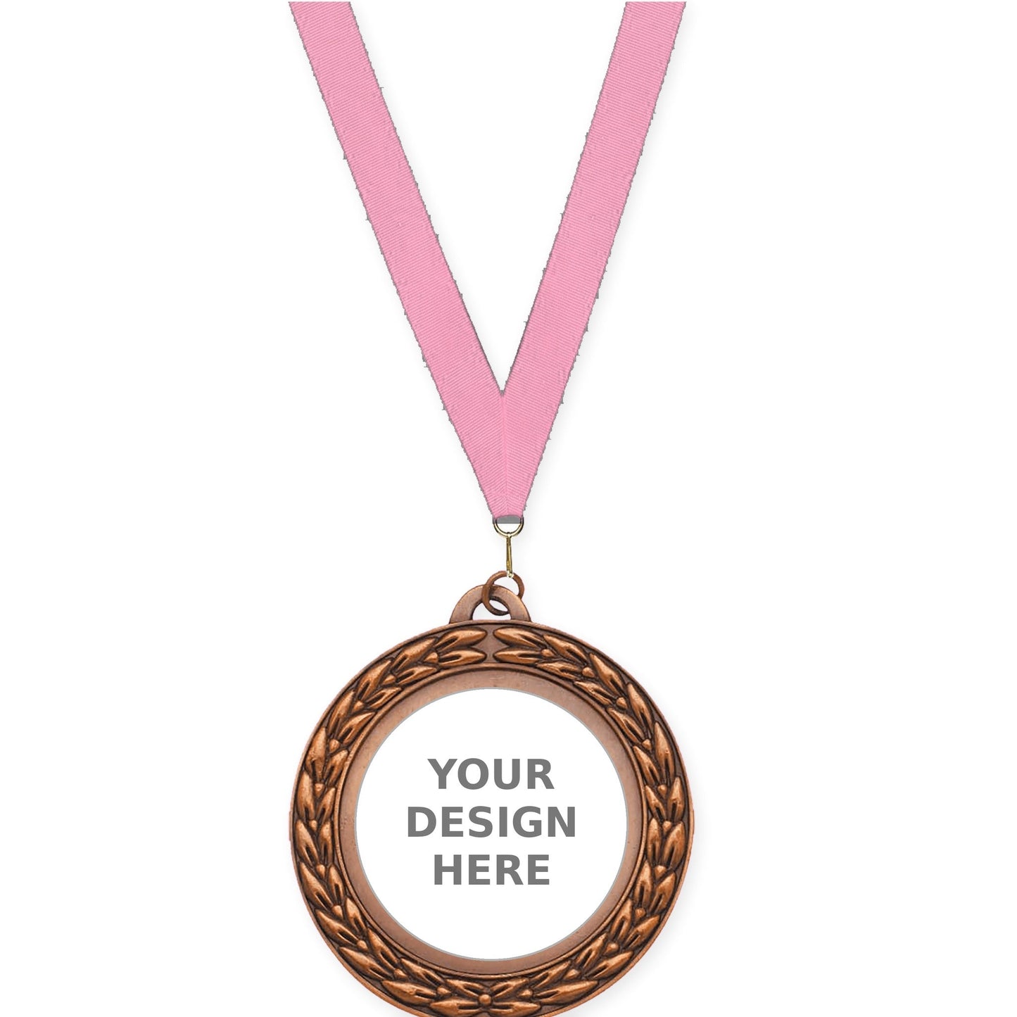 2 3/4 inch Victory Wreath insert medal in antique bronze with Pink neck ribbon