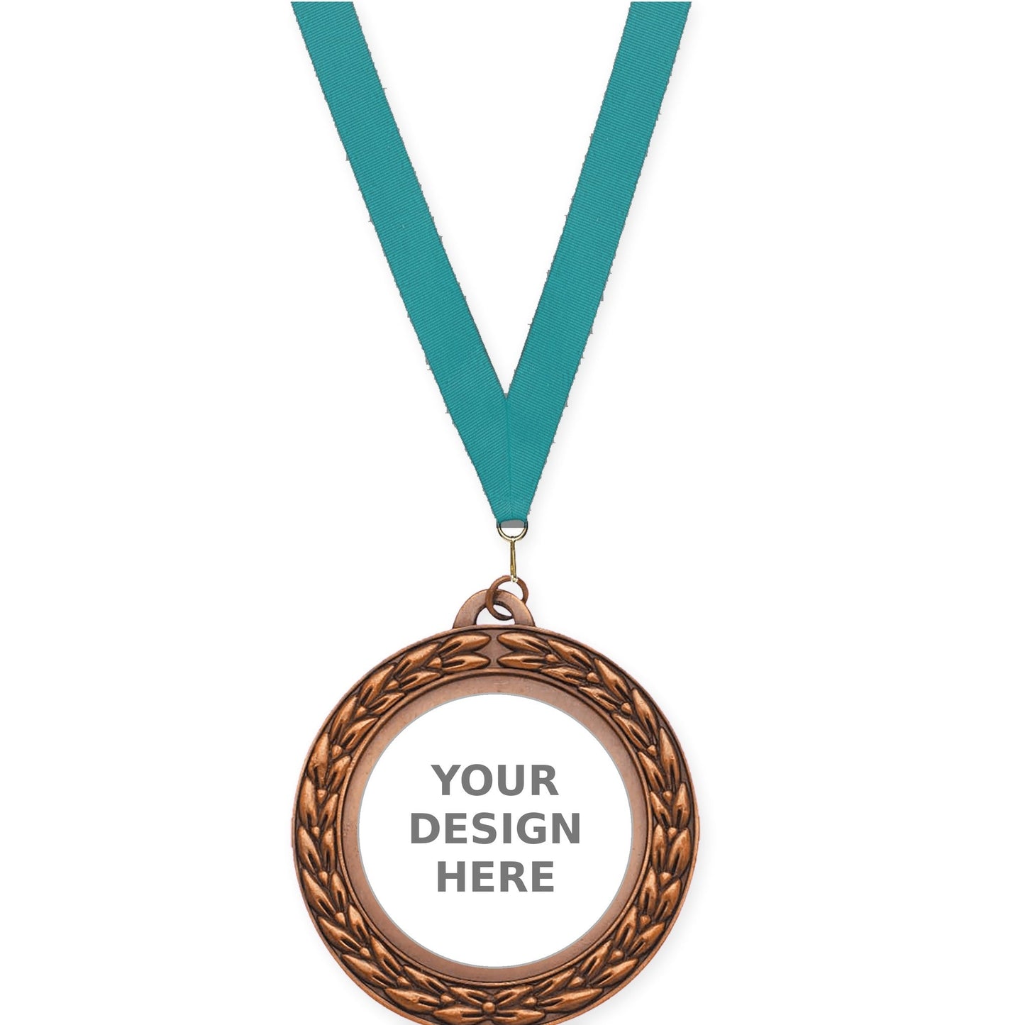 2 3/4 inch Victory Wreath insert medal in antique bronze with Teal neck ribbon