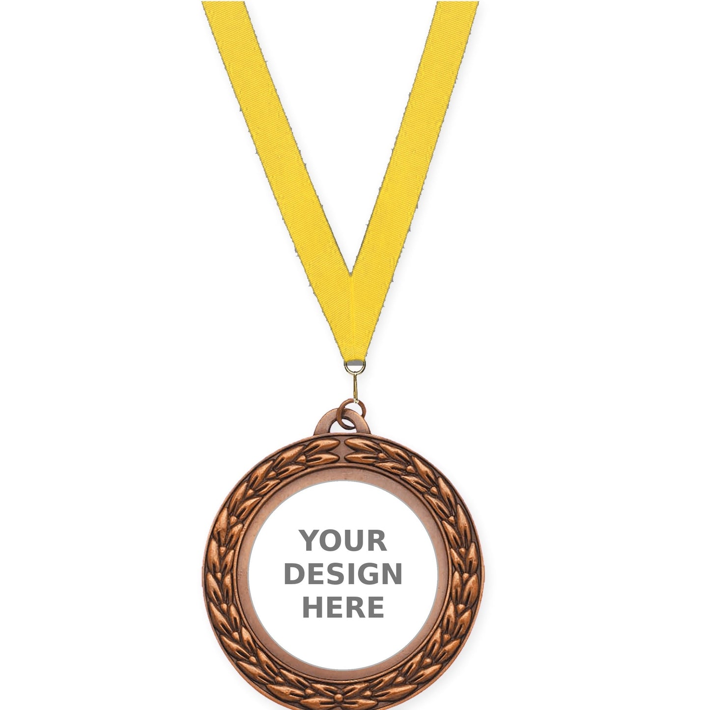 2 3/4 inch Victory Wreath insert medal in antique bronze with Yellow neck ribbon