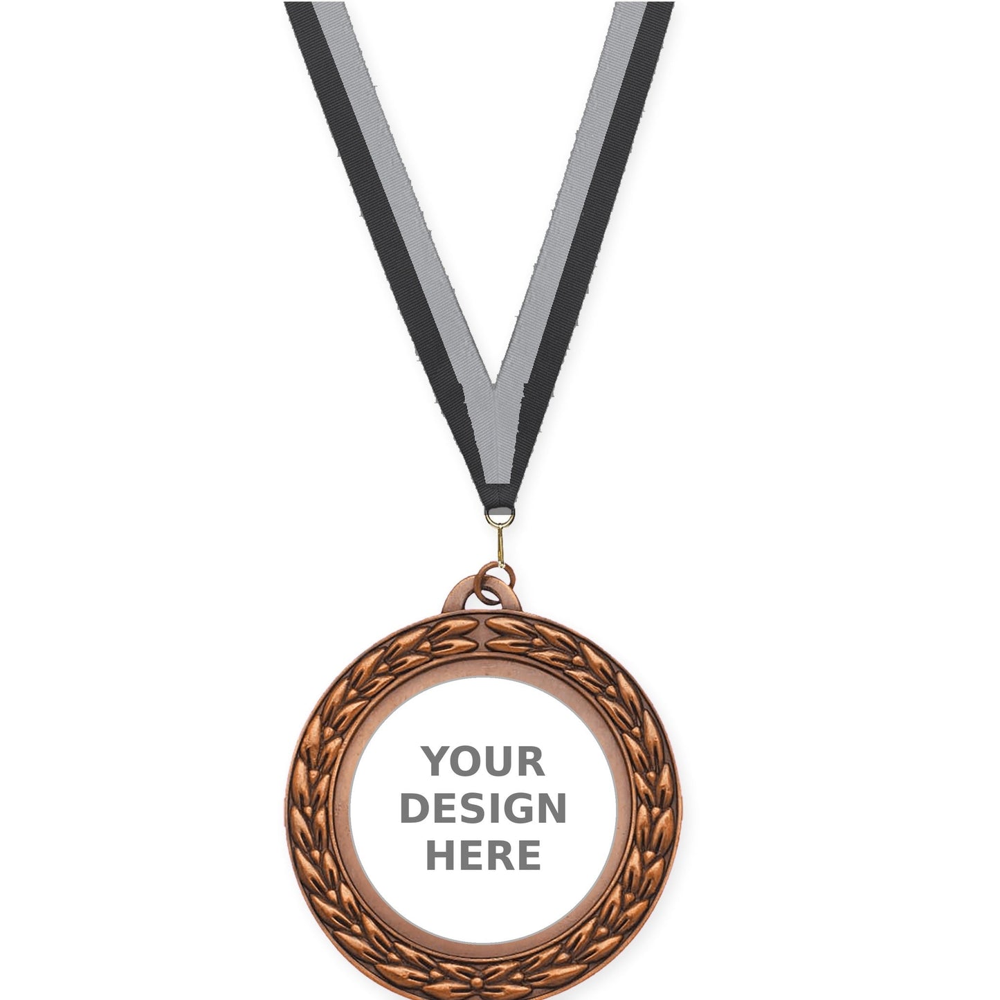 2 3/4 inch Victory Wreath insert medal in antique bronze with Black Gray neck ribbon
