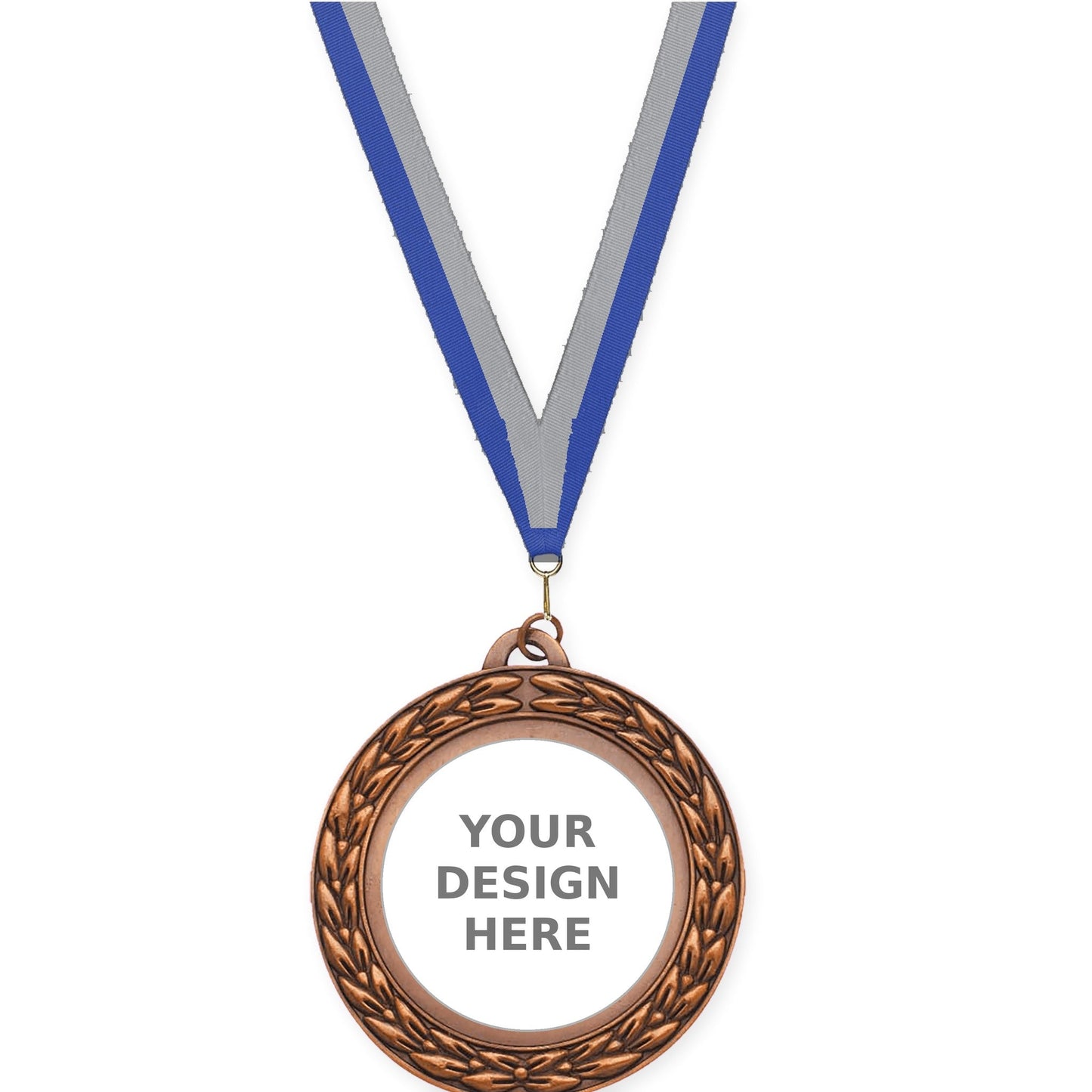 2 3/4 inch Victory Wreath insert medal in antique bronze with Blue Gray neck ribbon