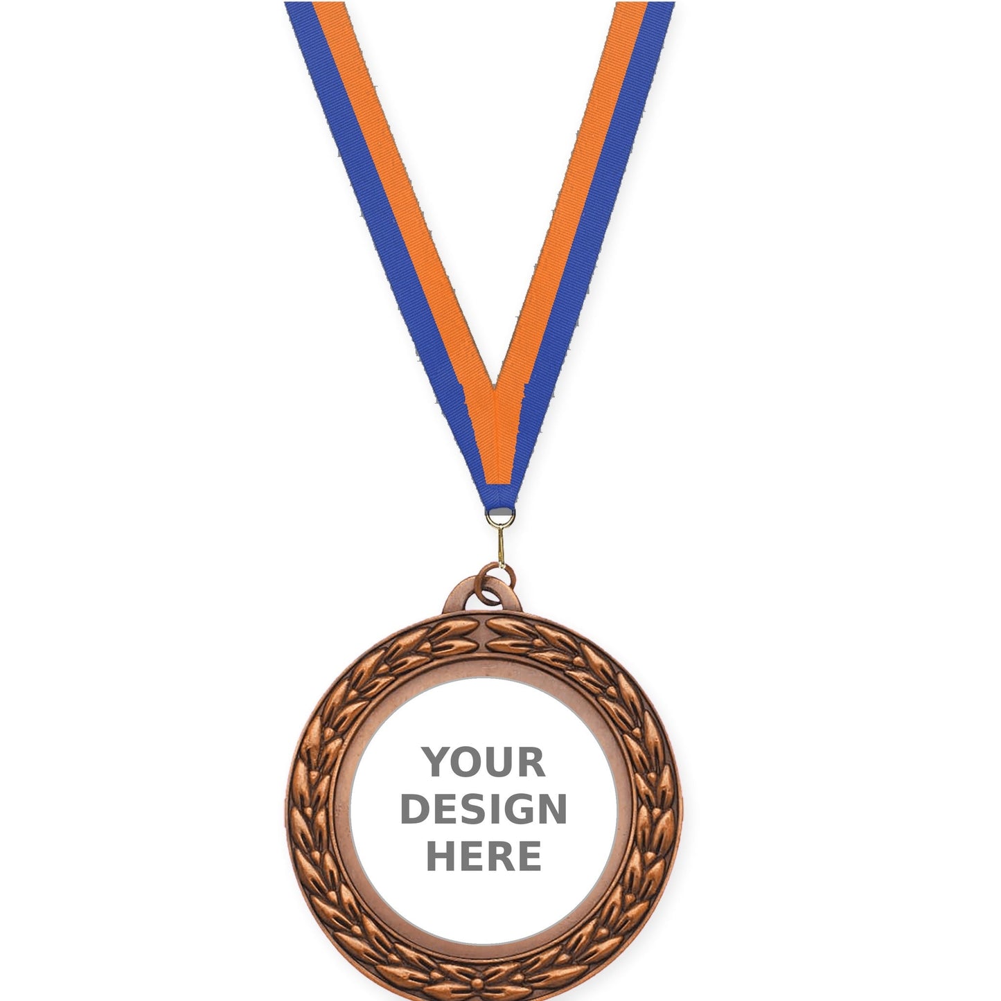 2 3/4 inch Victory Wreath insert medal in antique bronze with Blue Orange neck ribbon