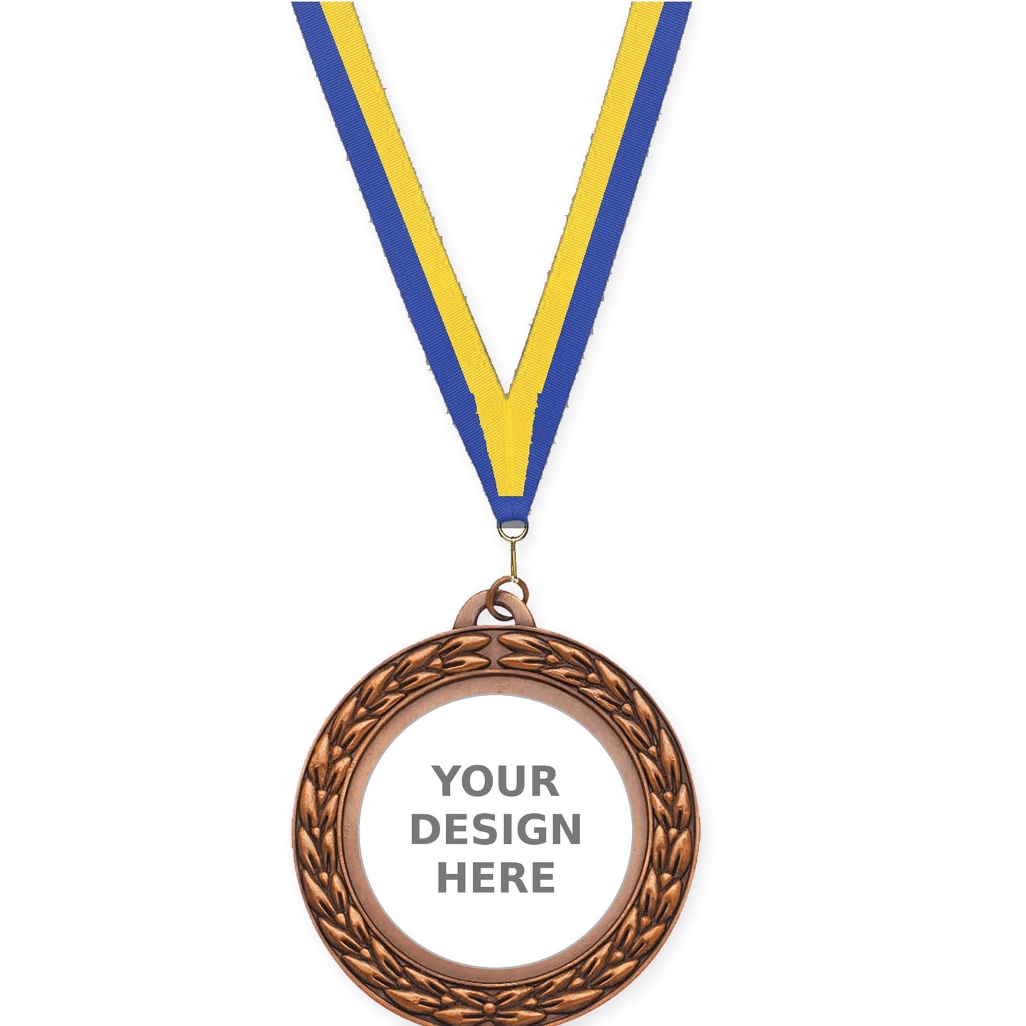 2 3/4 inch Victory Wreath insert medal in antique bronze with Blue Yellow neck ribbon