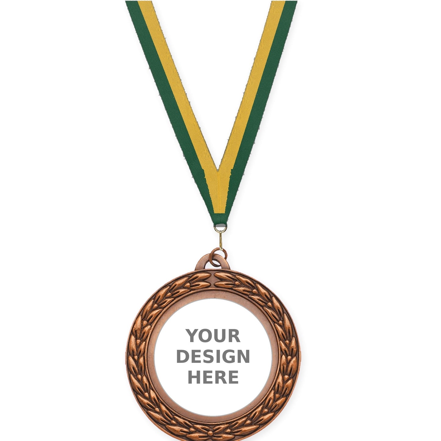 2 3/4 inch Victory Wreath insert medal in antique bronze with Hunter Green Gold neck ribbon