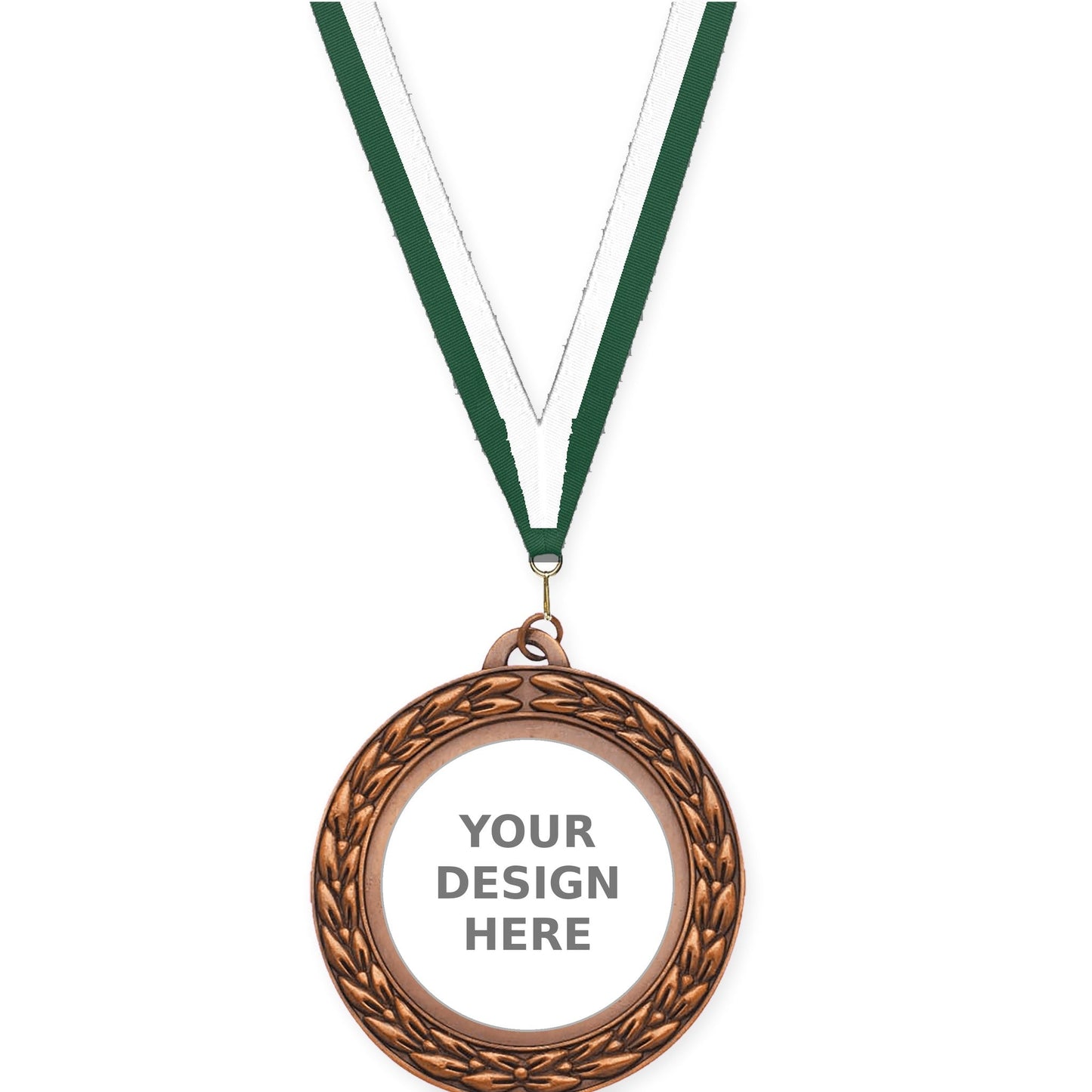 2 3/4 inch Victory Wreath insert medal in antique bronze with Hunter Green White neck ribbon