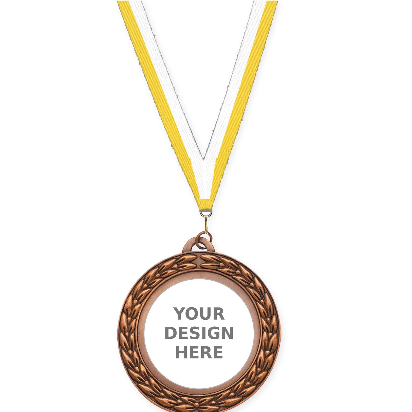 2 3/4 inch Victory Wreath insert medal in antique bronze with Yellow White neck ribbon
