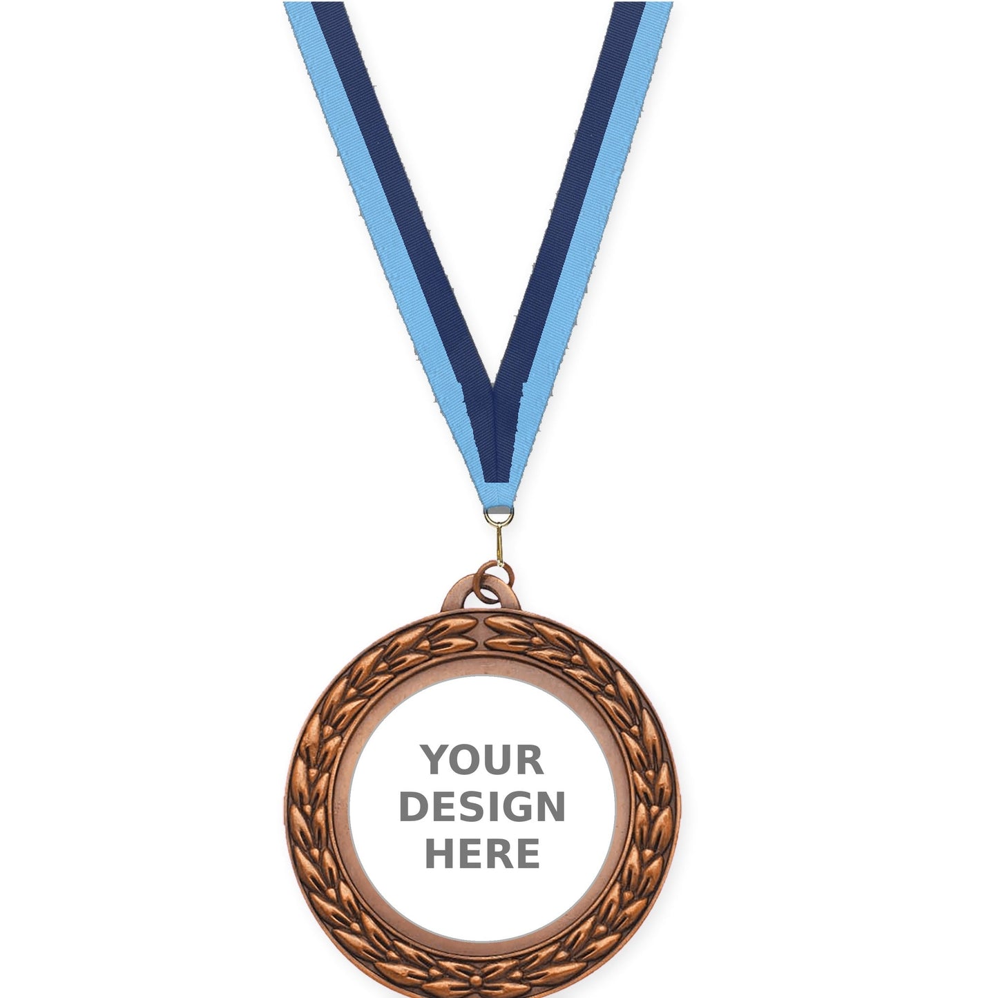 2 3/4 inch Victory Wreath insert medal in antique bronze with Light Blue Navy neck ribbon