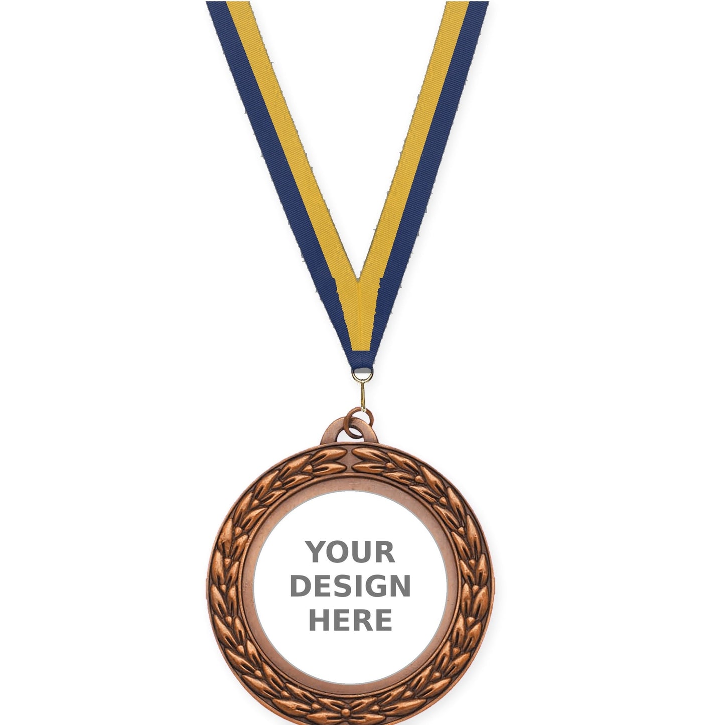 2 3/4 inch Victory Wreath insert medal in antique bronze with Navy Gold neck ribbon