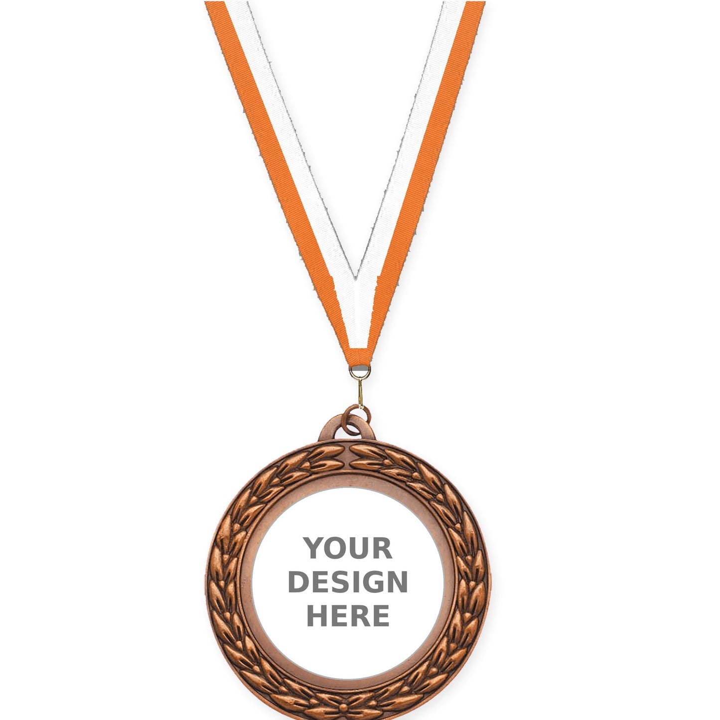 2 3/4 inch Victory Wreath insert medal in antique bronze with Orange White neck ribbon