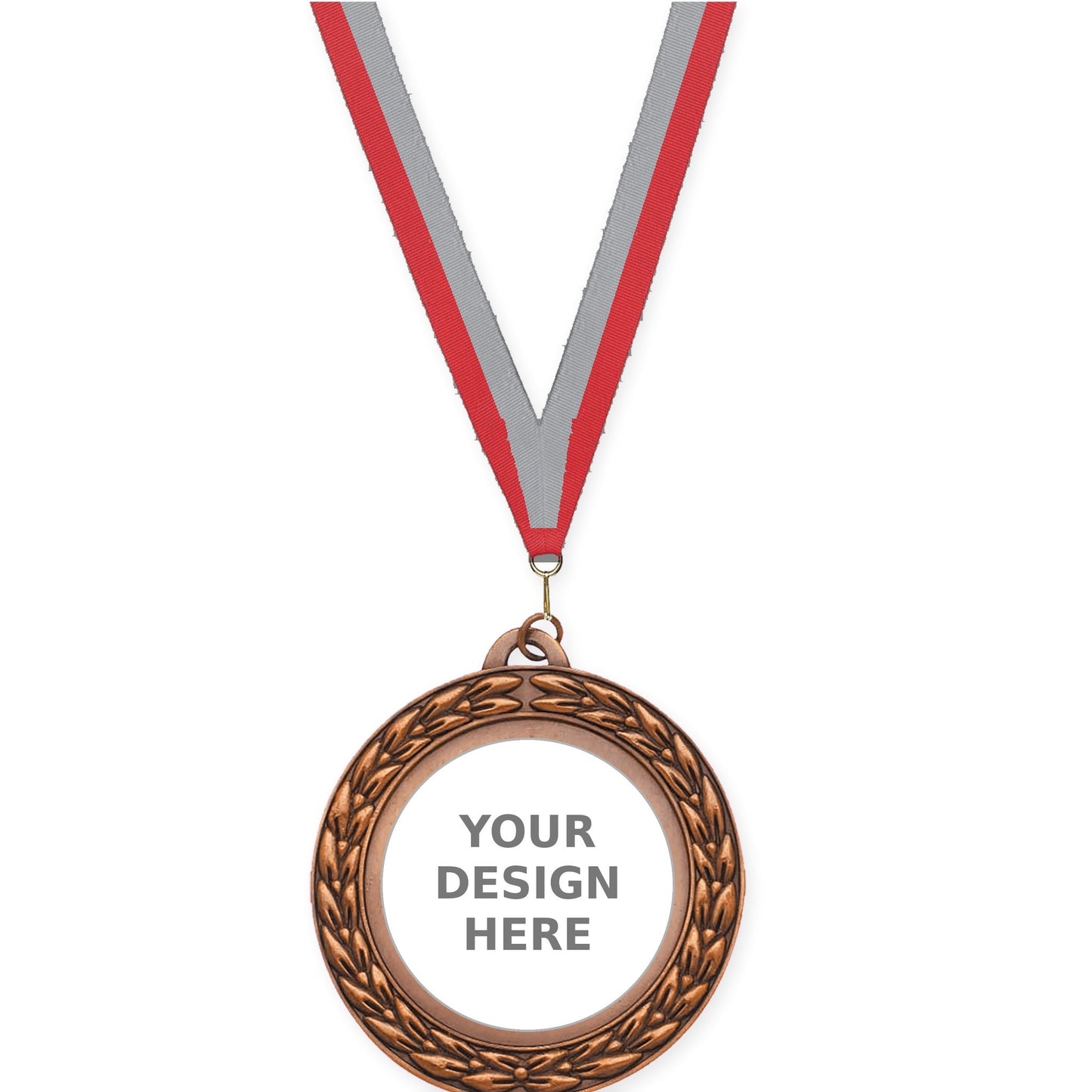 2 3/4 inch Victory Wreath insert medal in antique bronze with Red Gray neck ribbon