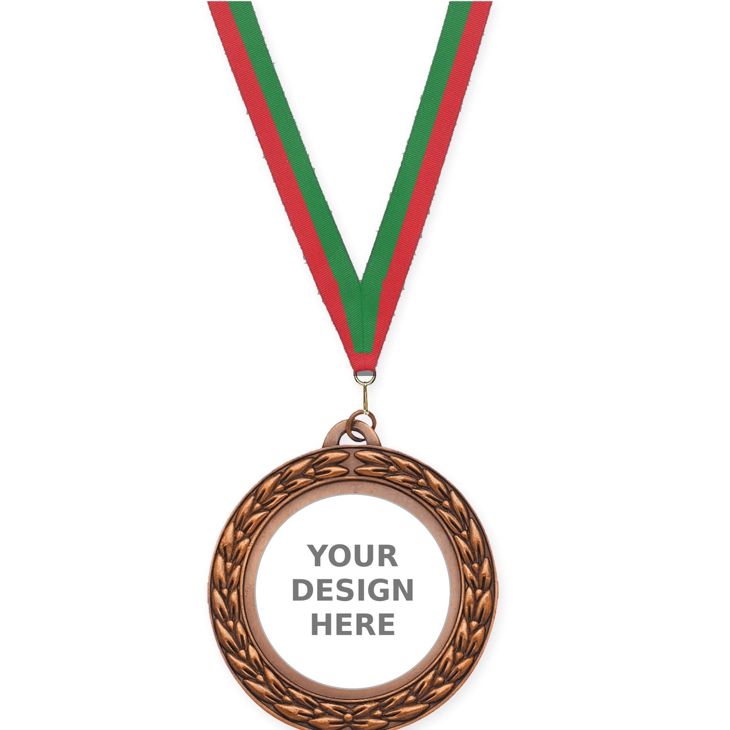2 3/4 inch Victory Wreath insert medal in antique bronze with Red Green neck ribbon