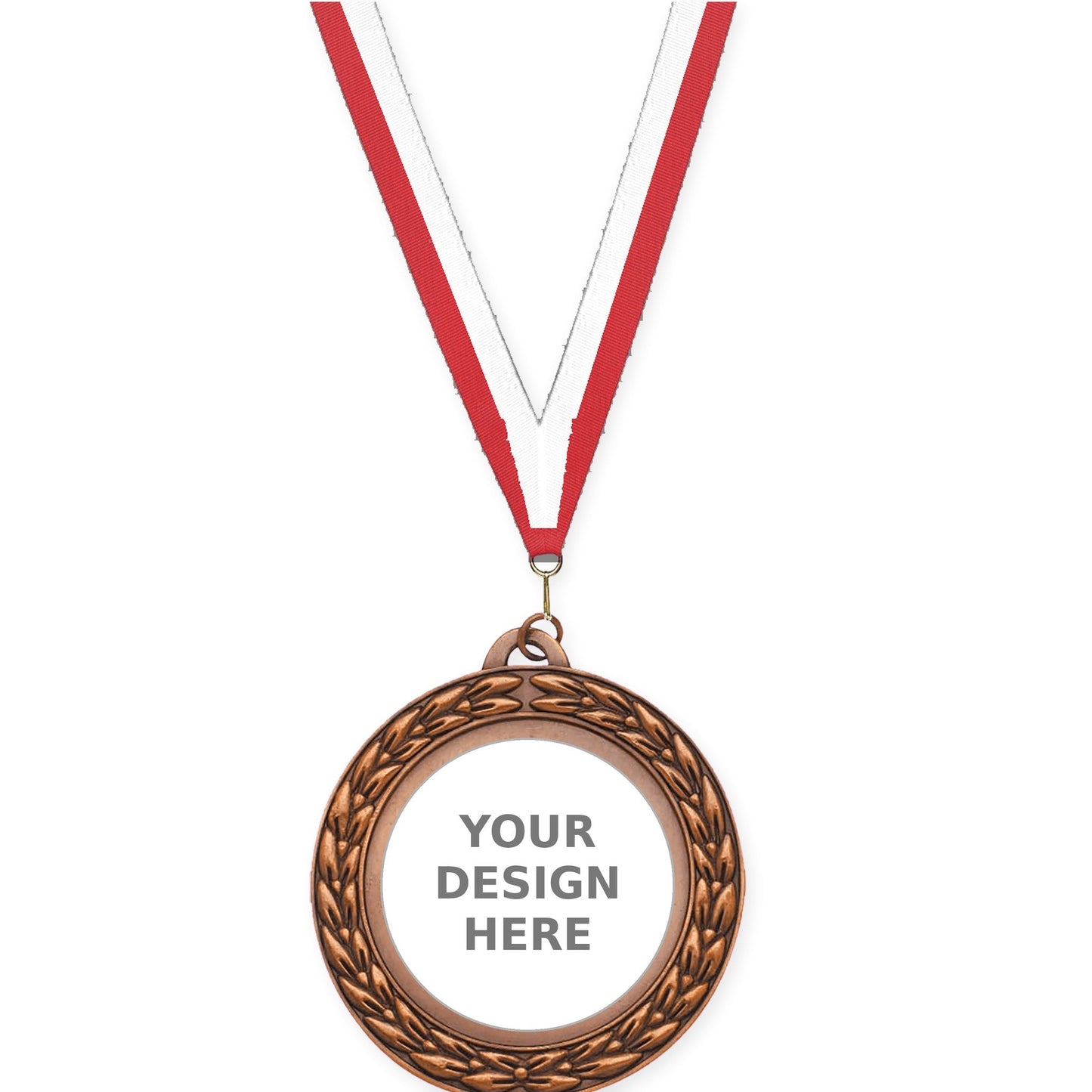 2 3/4 inch Victory Wreath insert medal in antique bronze with Red White neck ribbon