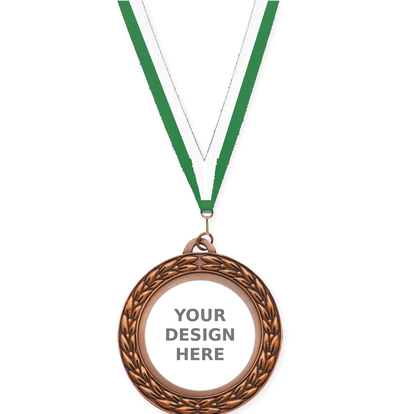 2 3/4 inch Victory Wreath insert medal in antique bronze with Green White neck ribbon