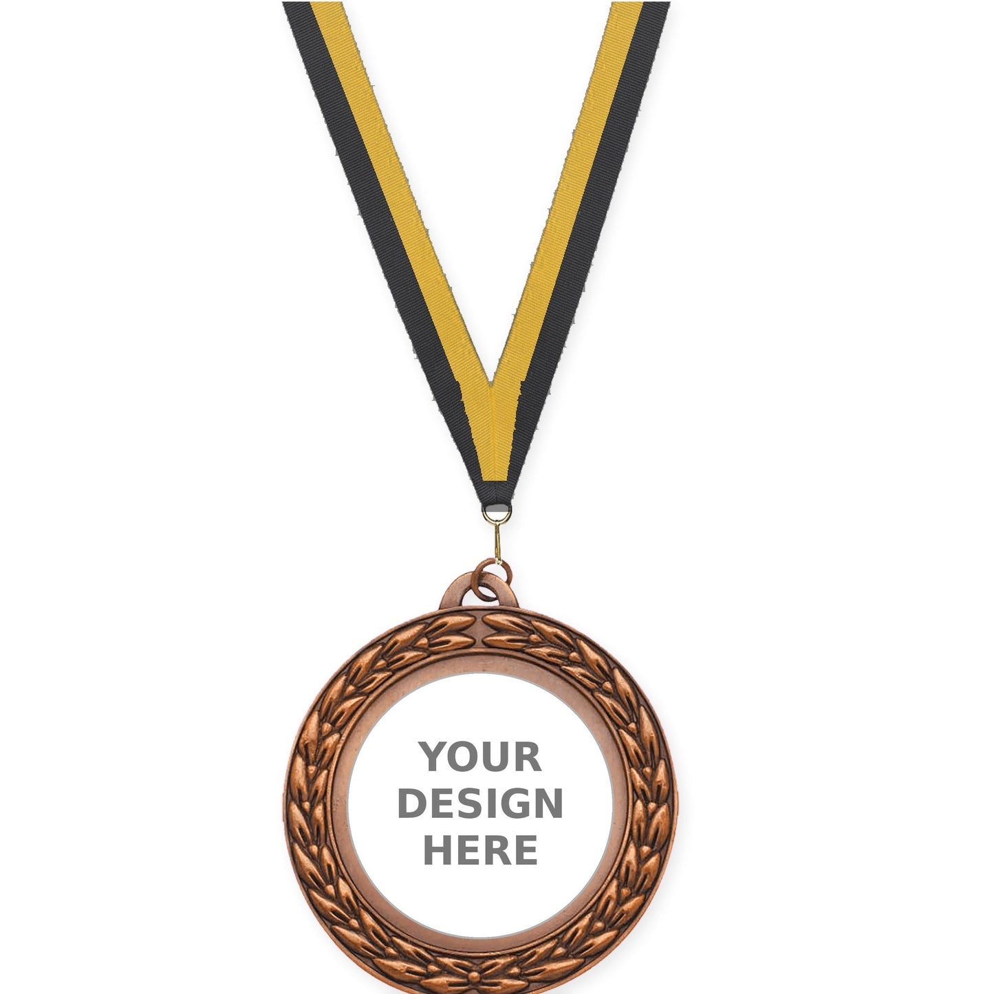 2 3/4 inch Victory Wreath insert medal in antique bronze with Black Gold neck ribbon