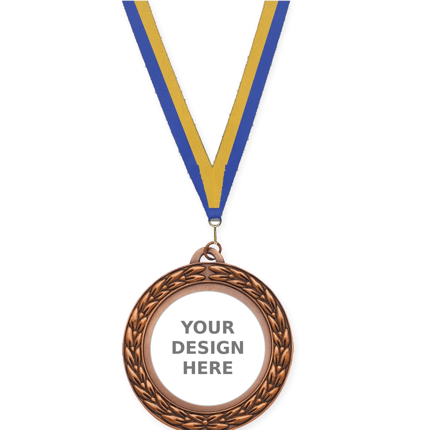 2 3/4 inch Victory Wreath insert medal in antique bronze with Blue Gold neck ribbon