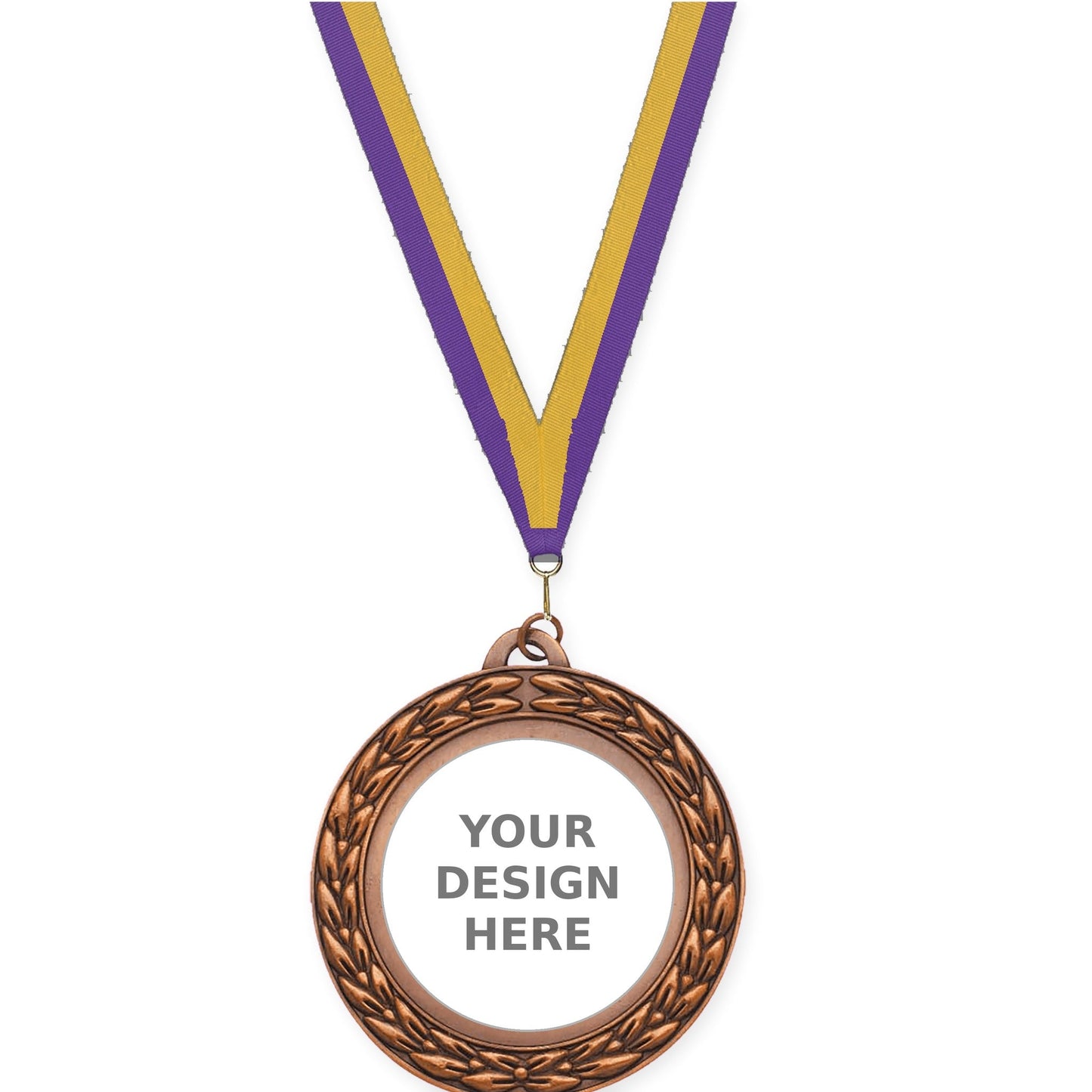 2 3/4 inch Victory Wreath insert medal in antique bronze with Purple Gold neck ribbon