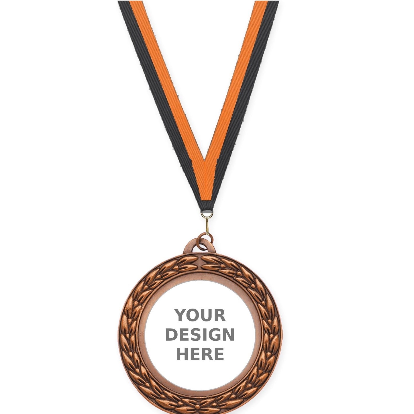2 3/4 inch Victory Wreath insert medal in antique bronze with Black Orange neck ribbon