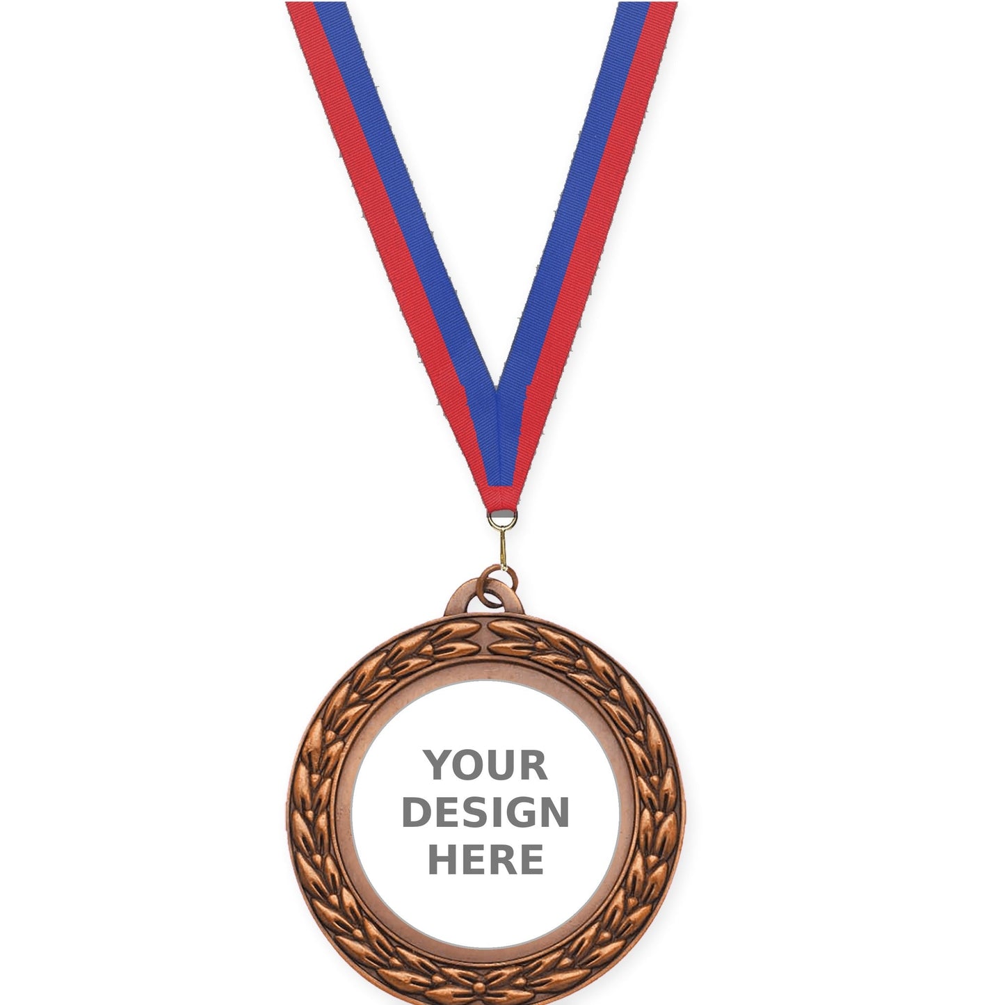 2 3/4 inch Victory Wreath insert medal in antique bronze with Blue Red neck ribbon